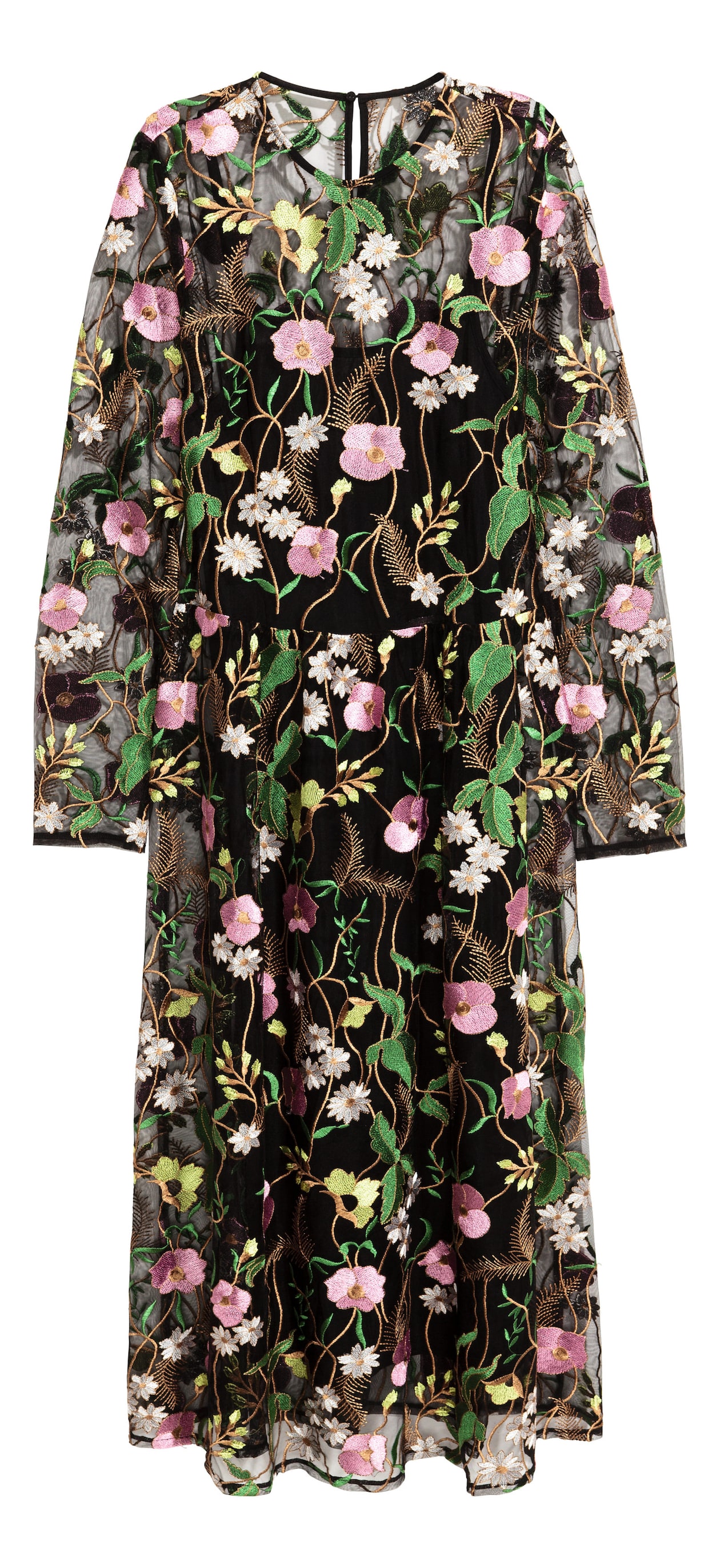 Embroidered mesh dress Black/Floral Ladies H&M IE