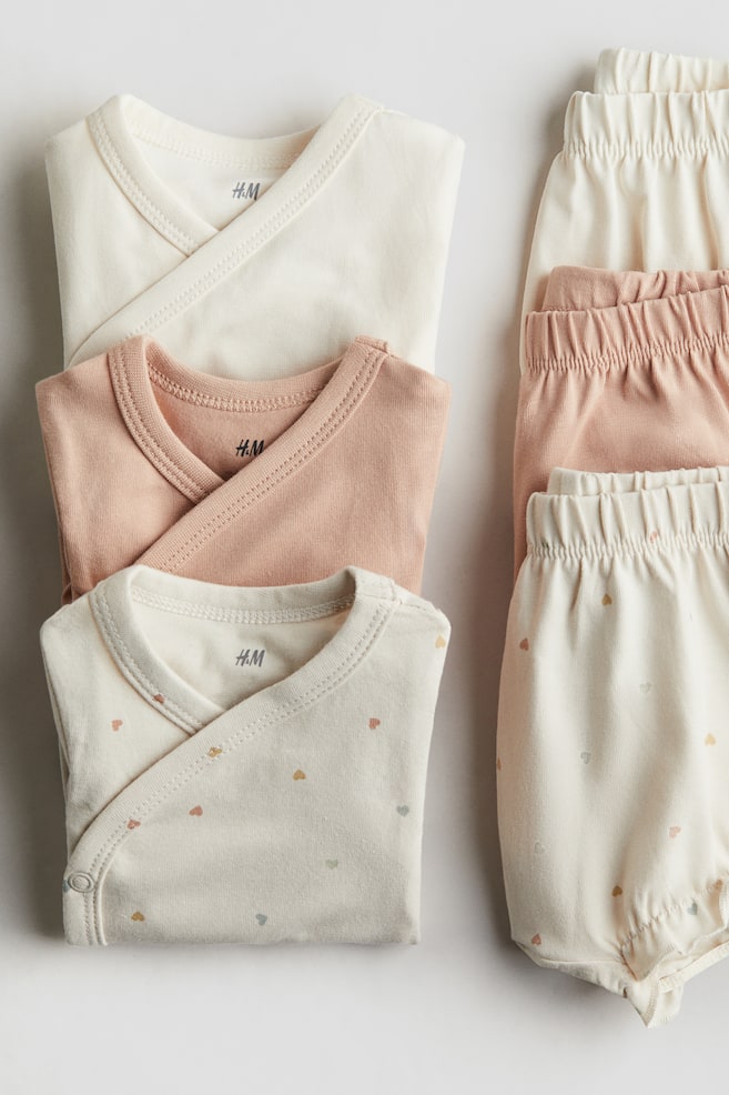 6-teiliges Jerseyset - Hellbeige/Herzen/Weiß/Teddybär/Cremefarben/Orangen/Helles Mattblau/Segelboote/Helles Mattgrün/Tiere/Beige/Bär - 1
