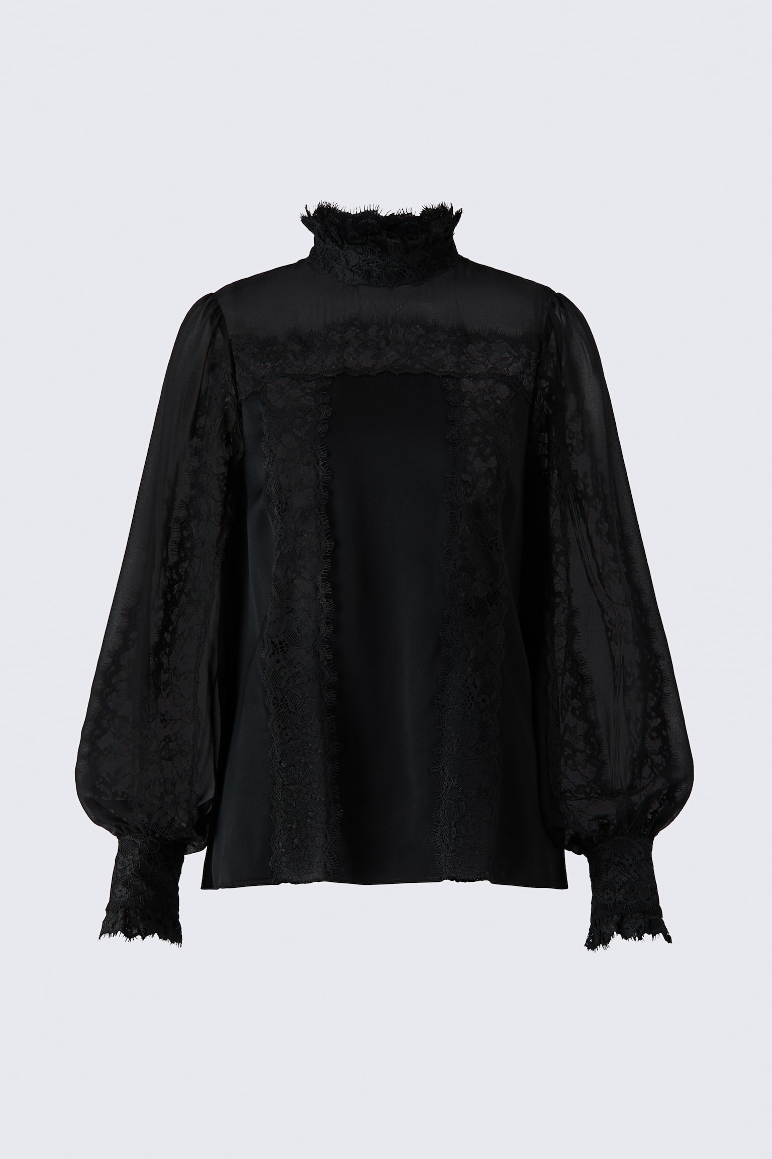 A front-facing black blouse showcasing a high stand collar trimmed with lace, and a smooth satin bodice with vertical lace inserts. It features long, sheer chiffon puff sleeves adorned with lace panels and finished with fitted, lace-trimmed cuffs.