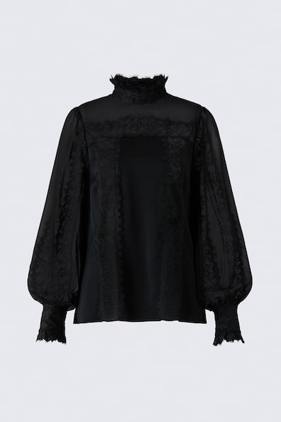 Lace-trimmed puff-sleeved blouse