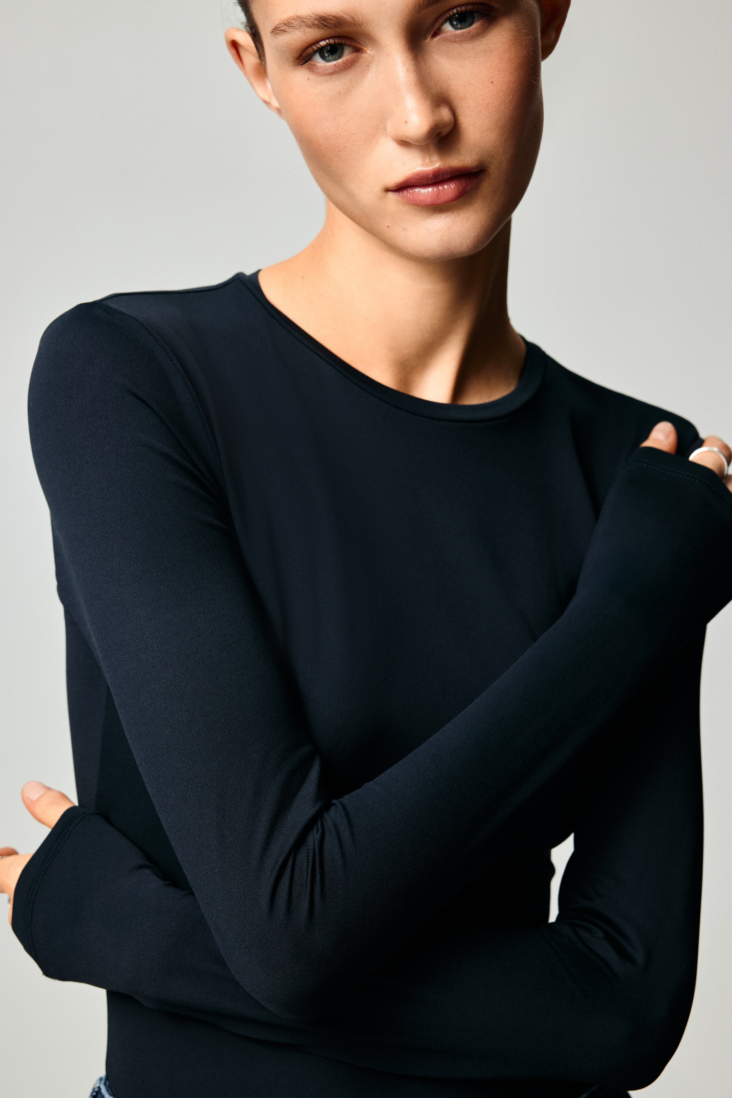 Top van microvezel met lange mouwen - Donkerblauw/Wit/Lichtgreige/Zwart/Donkerblauw/Donkergreige/Donkertaupe/Lichtturkoois/Lichtgrijs