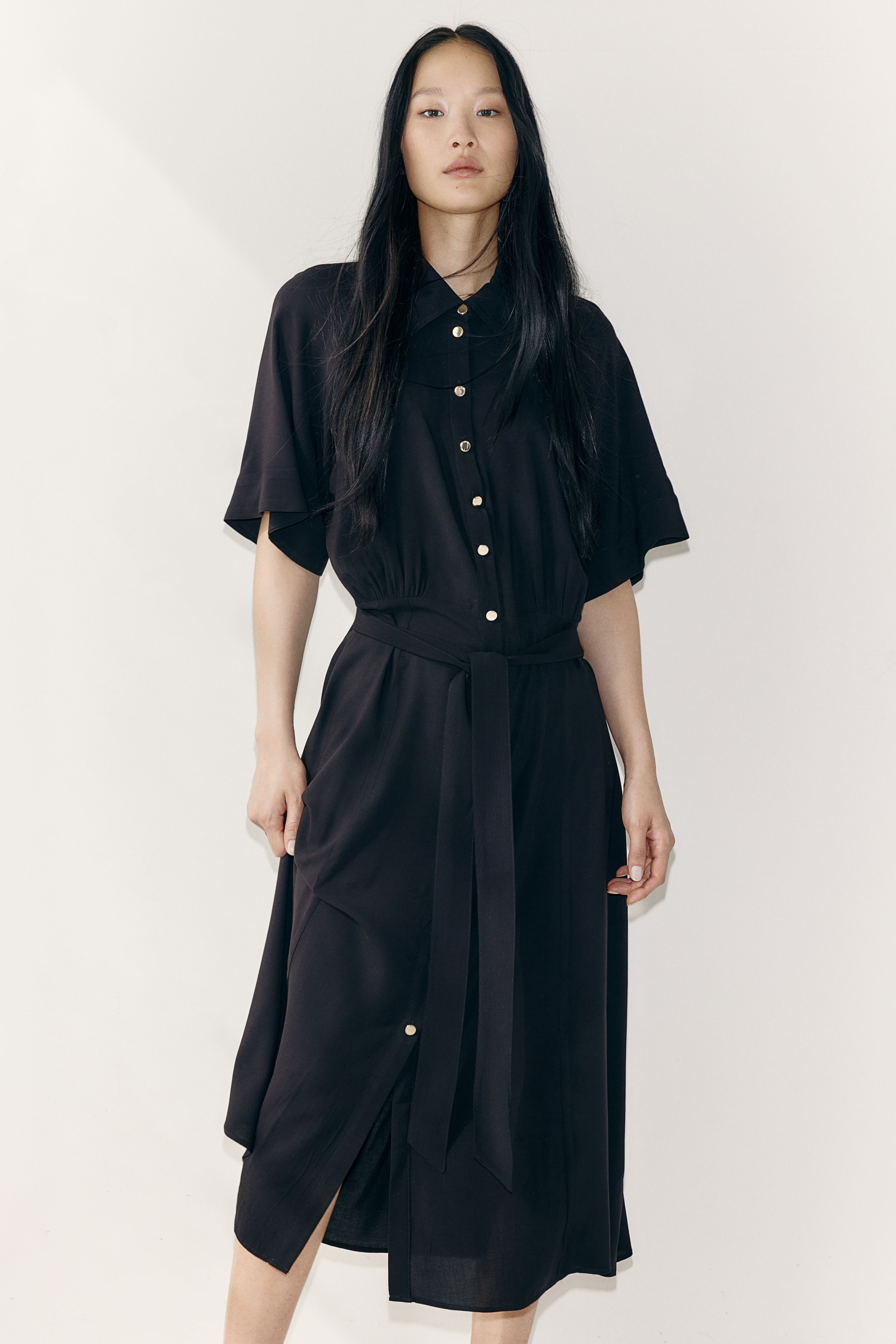 Tie-belt Shirt Dress - V-neck - Short sleeve - Black - Ladies | H&M US