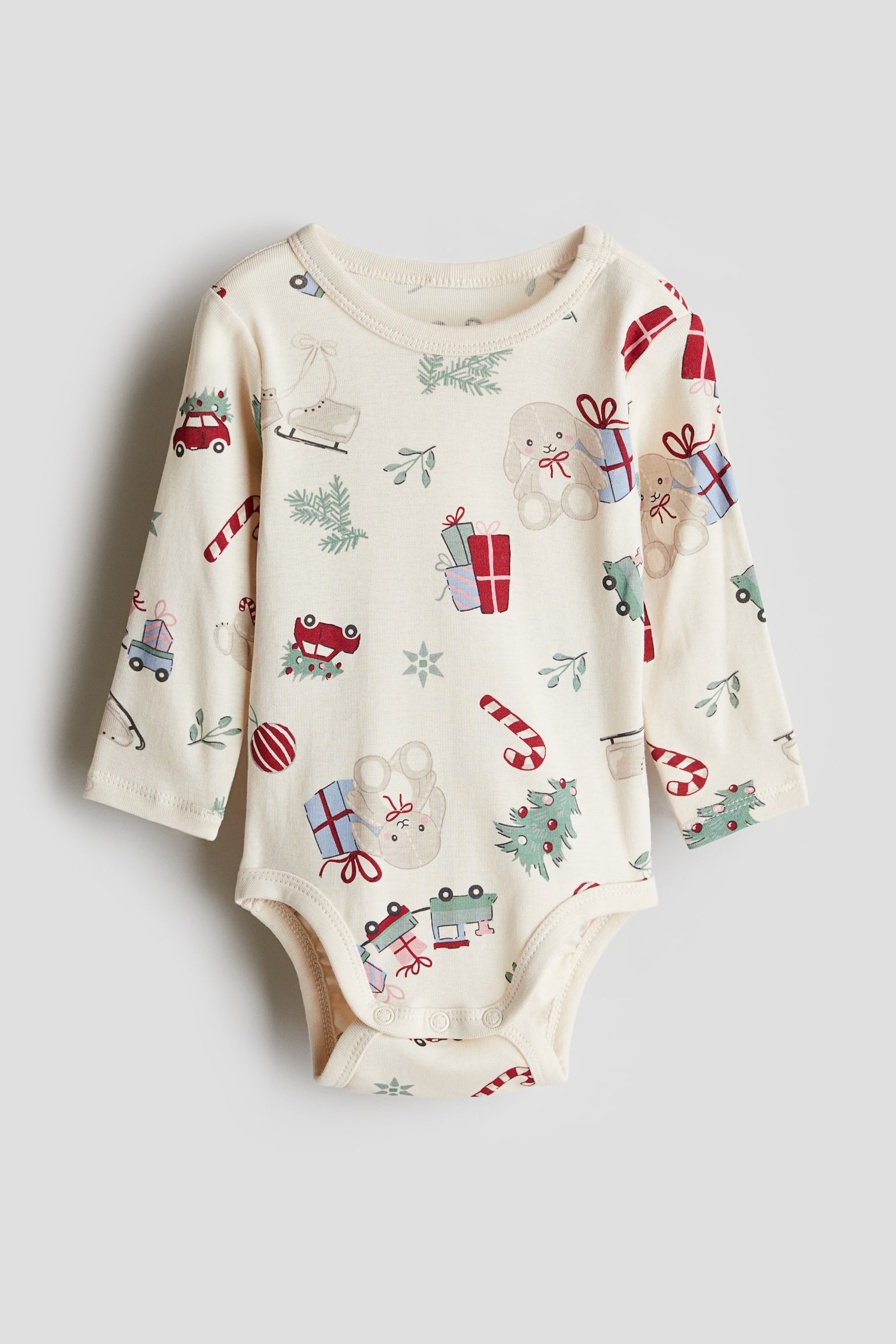 Long-sleeved bodysuit - Light beige/Christmas motifs/Light beige/Striped/Beige/Leopard-print/White/Cherries/Light beige/Dogs/Light pink/Hearts/Dark grey/Bows/Cream/Bows/Light beige/Dinosaurs/Dusty green/Vehicles/Dark grey/Teddy bear/Brown/Animals/White/Floral - 1