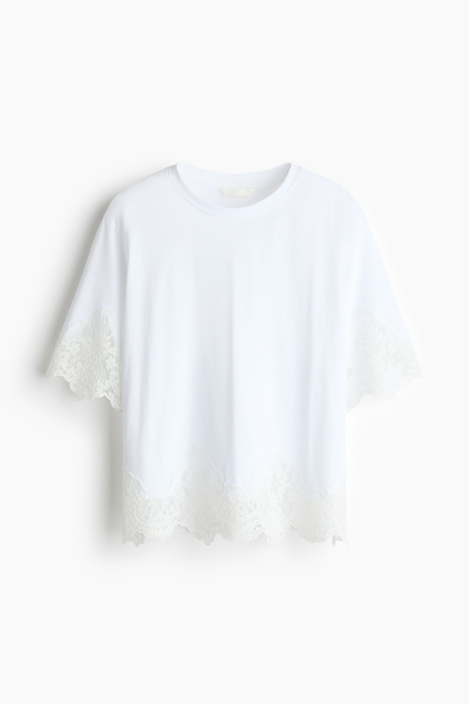 Lace-Trimmed Cotton T-Shirt - White/cream/Black/Burgundy - 1
