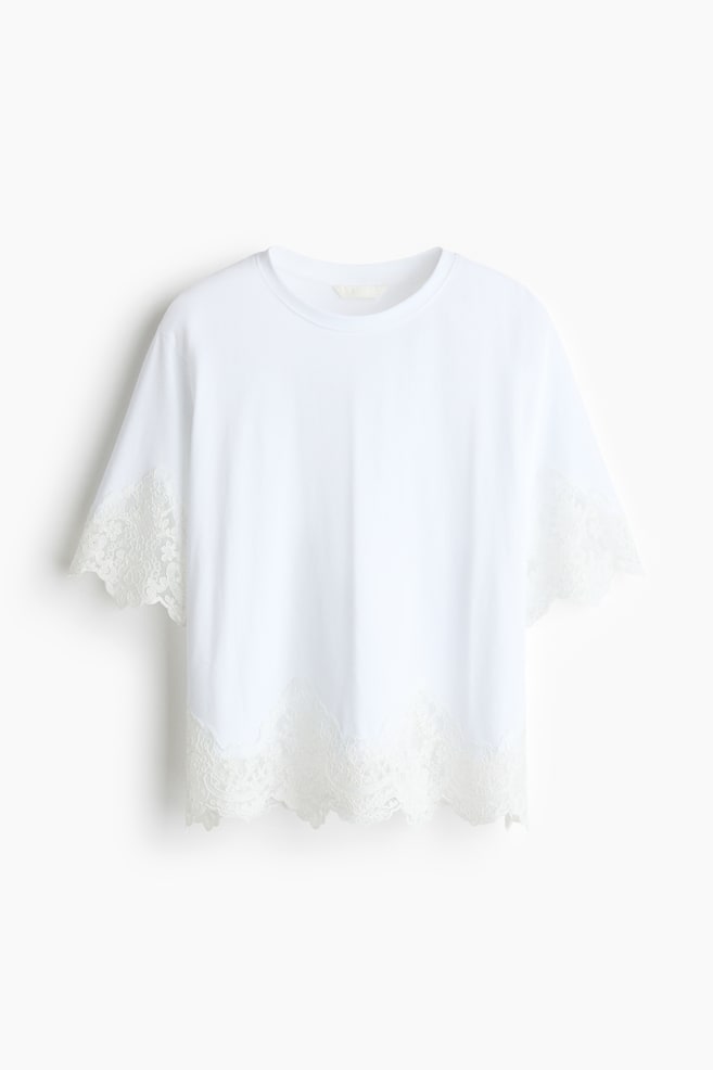 Lace-Trimmed Cotton T-Shirt - White/cream/Black/Burgundy - 1
