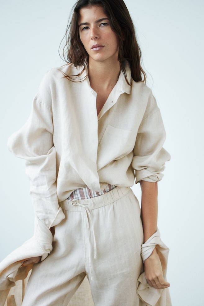Pyjama en lin lavé - Beige clair/Gris anthracite/Blanc - 5