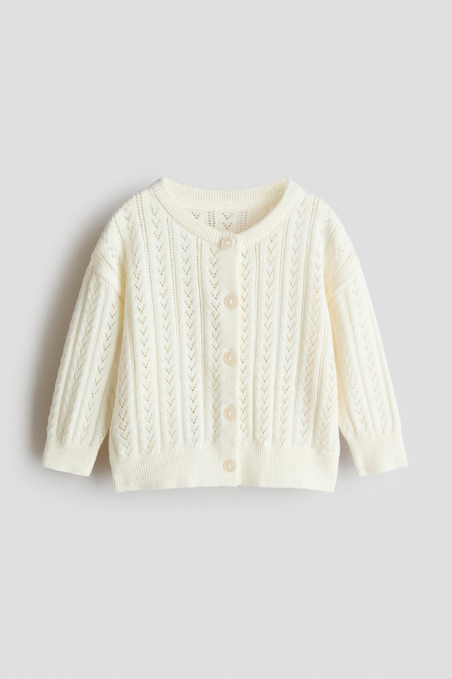 Pattern-knit Cotton Cardigan - White/Hot pink/Light pink/Light blue/hearts - 1