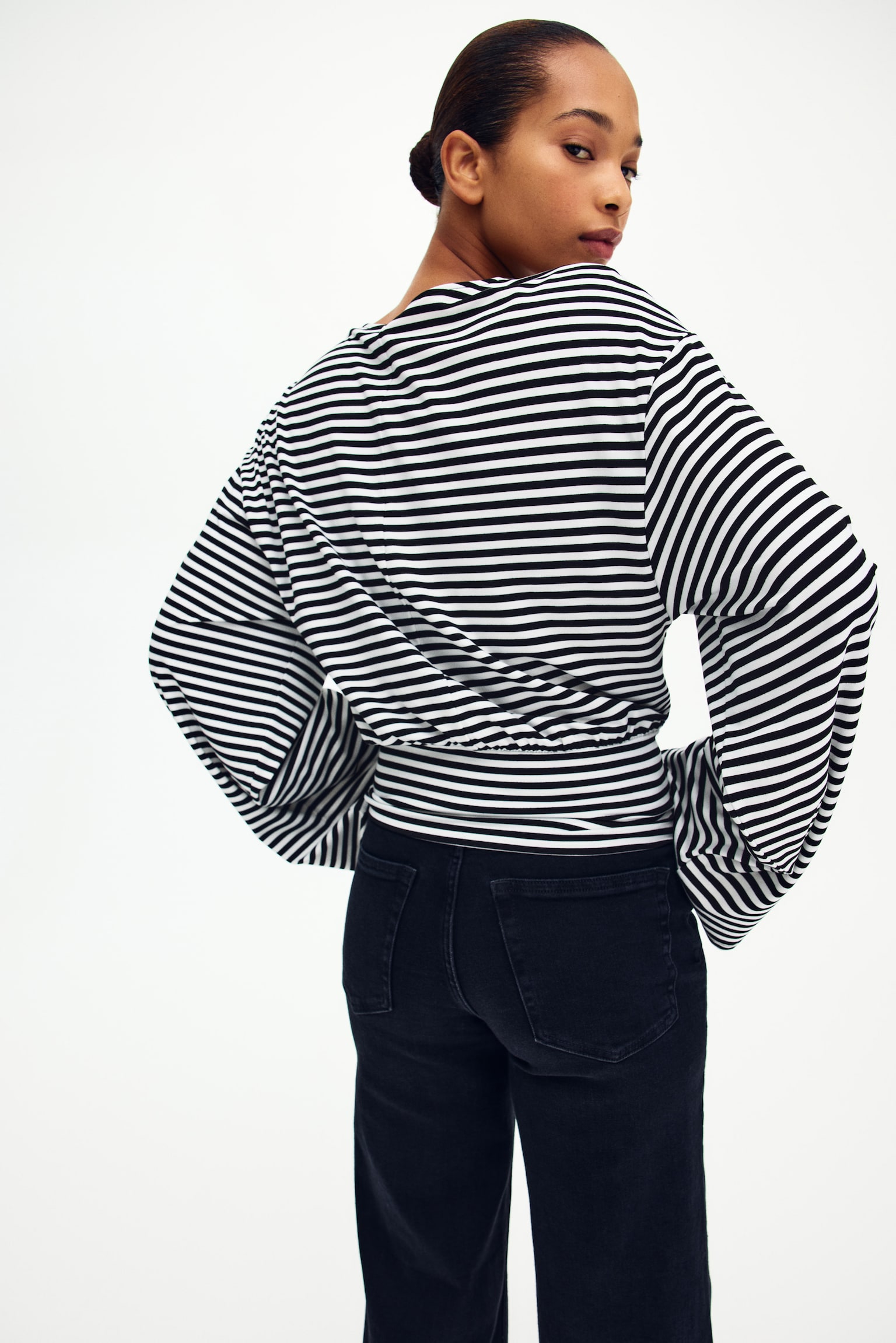 Gathered jersey top - White/Striped/Dark grey - 4