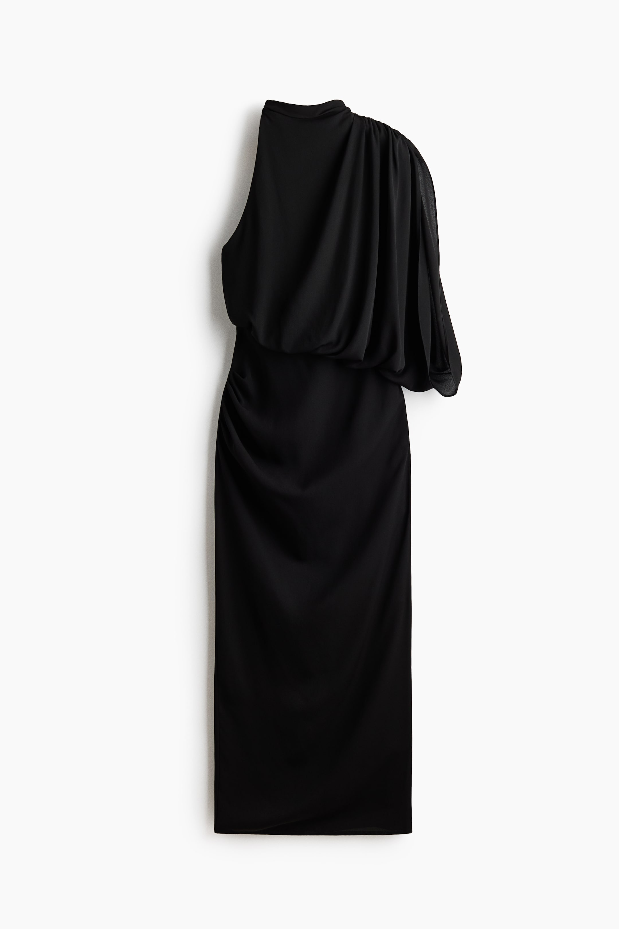 View larger image: A black one-shoulder midi dress showcases a high neckline on the left and a voluminous long sleeve on the right. The draped bodice blouses over a ruched waist, flowing into a fitted skirt.