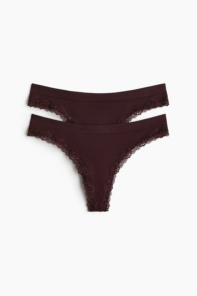 Set van 2 seamless slips met kant - Thong - Donkerbruin/Zwart - 1