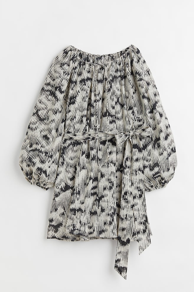 Vestido con cinturón de anudar - Crema/Estampado - 1