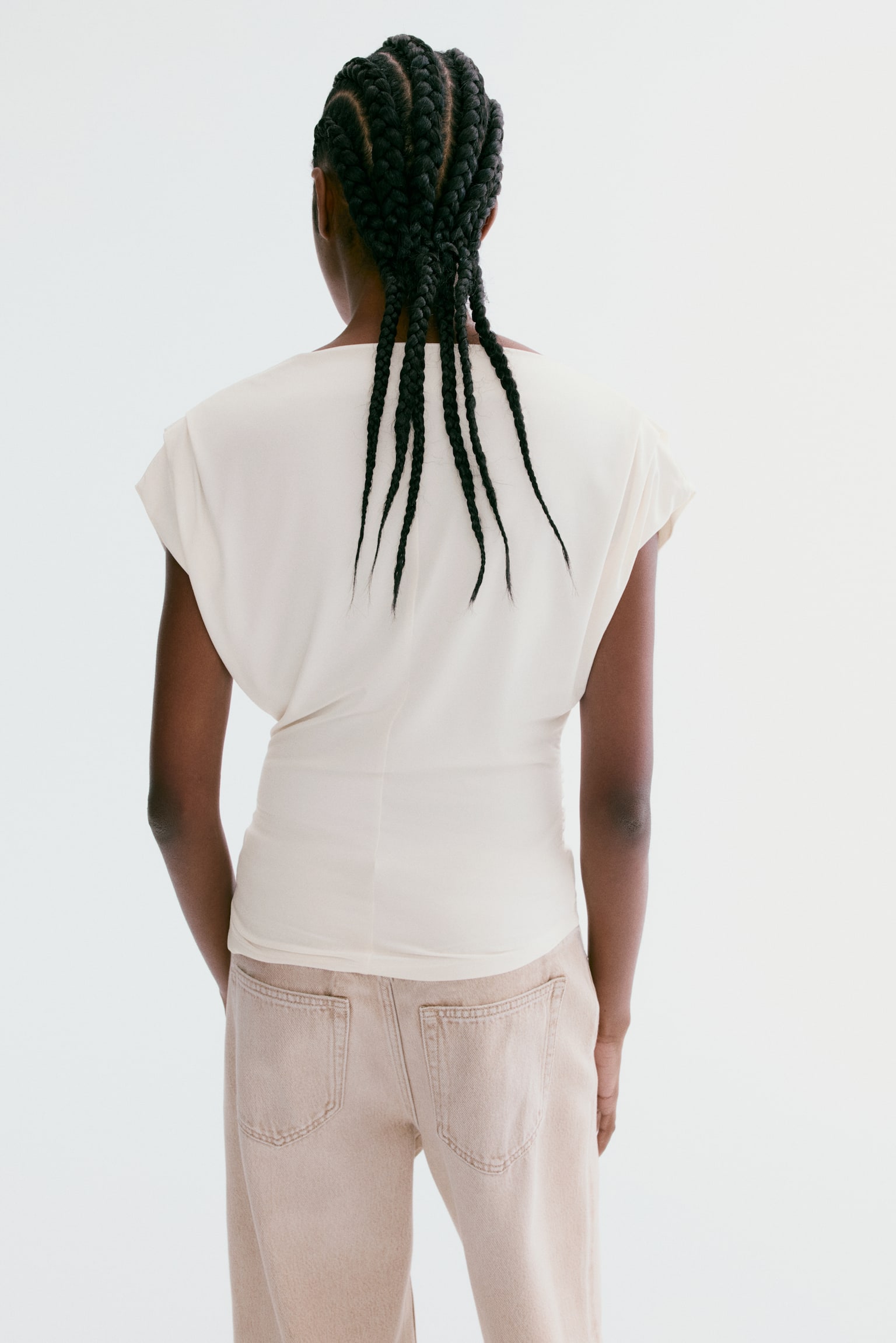 Draped boat-neck top - Cream/Beige/Dark pigeon blue/Dark brown - 4