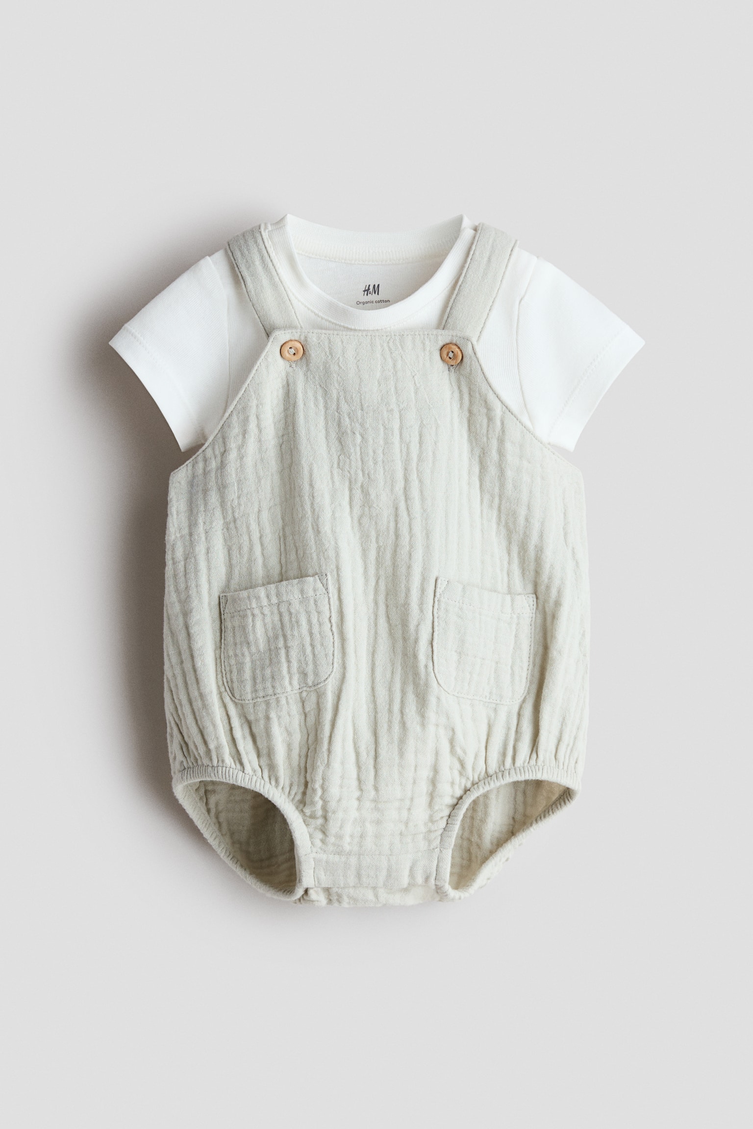 2-piece Cotton Set - Light dusty green/white/Light beige/white