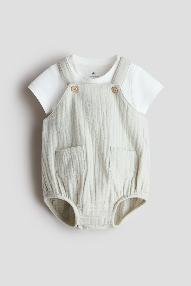 2-piece Cotton Set - Light dusty green/white/Light beige/white - 1