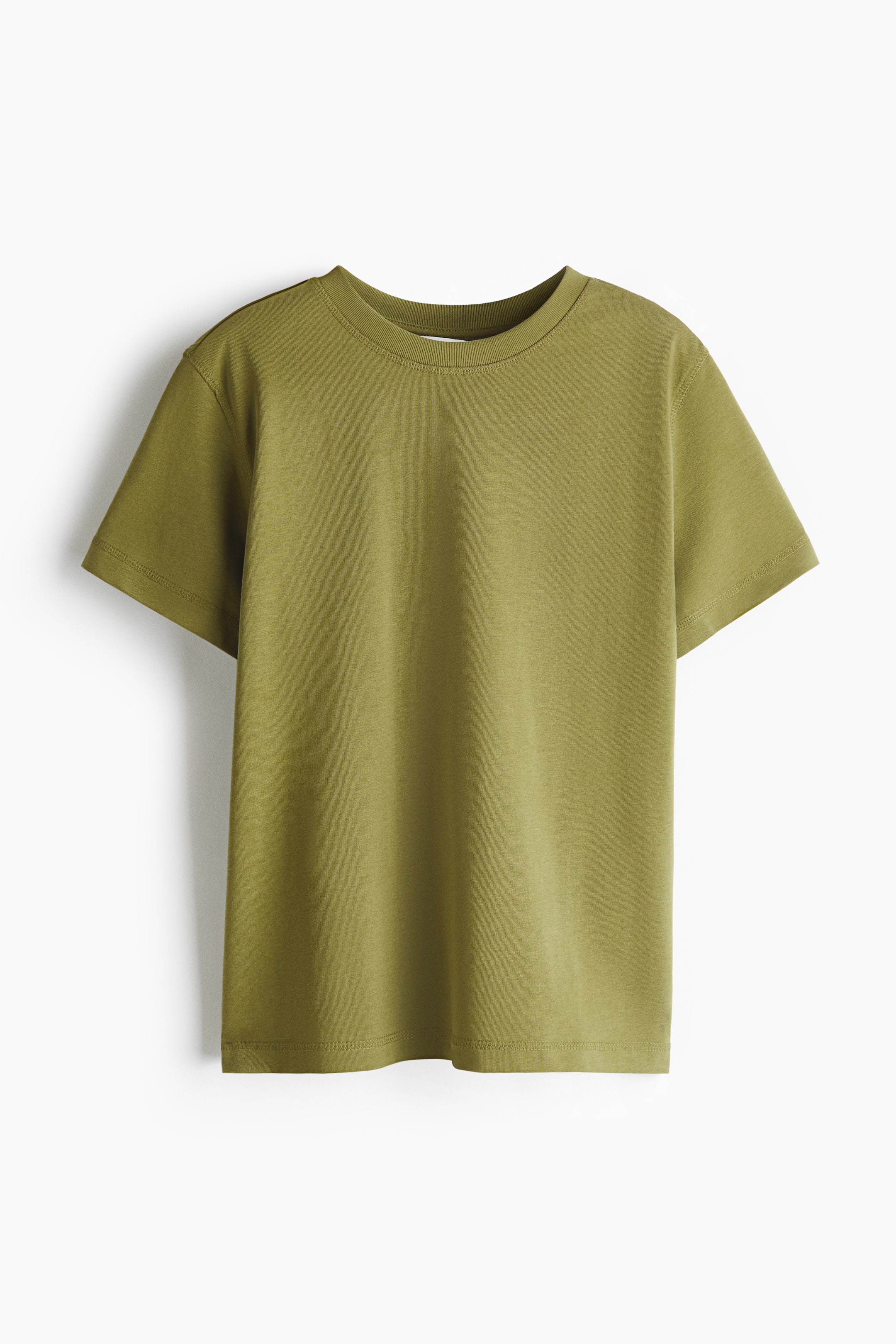 View larger image: An oversized T-shirt is showcasing its front, made from soft olive green cotton jersey and featuring a ribbed crew neck with subtly dropped shoulders.