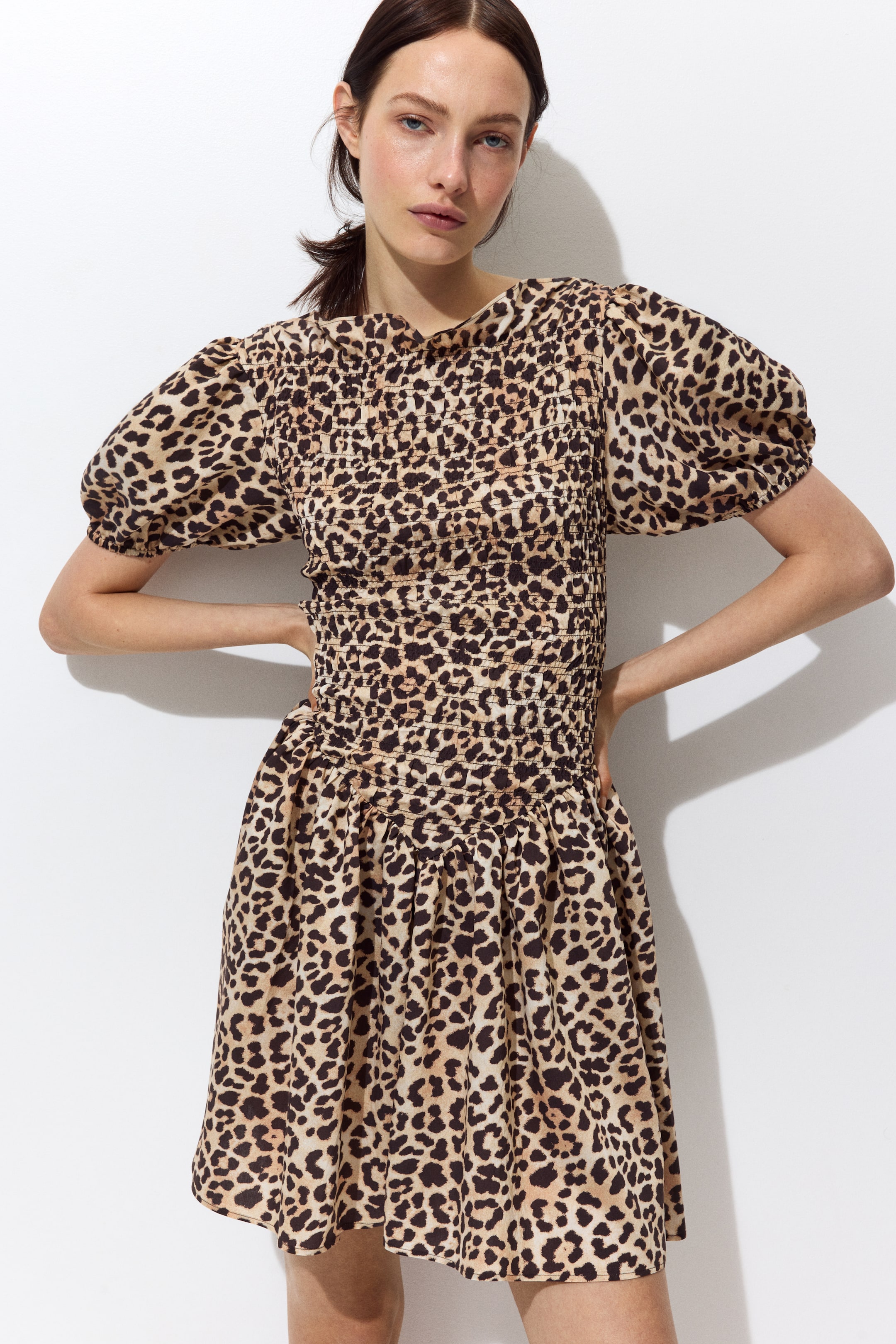 View larger image: A leopard print dress featuring a shirred bodice and waist, short puff sleeves, and a gathered flared skirt.