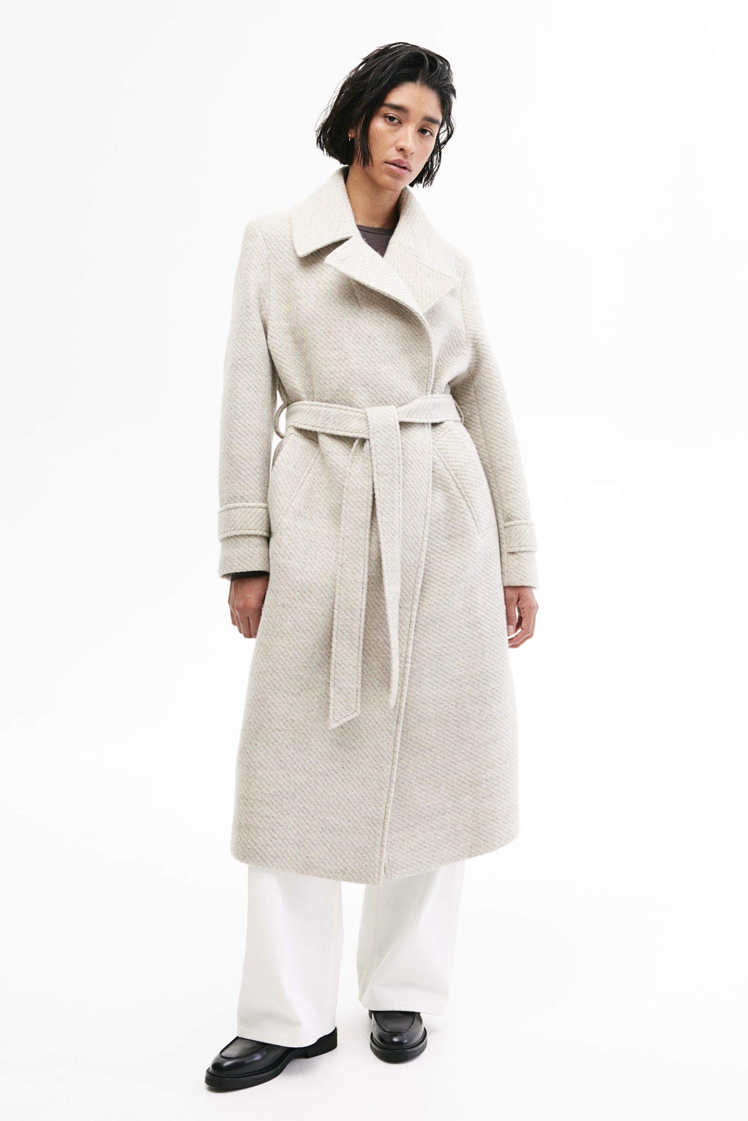 Tie-belt twill coat - Light greige marl - 3