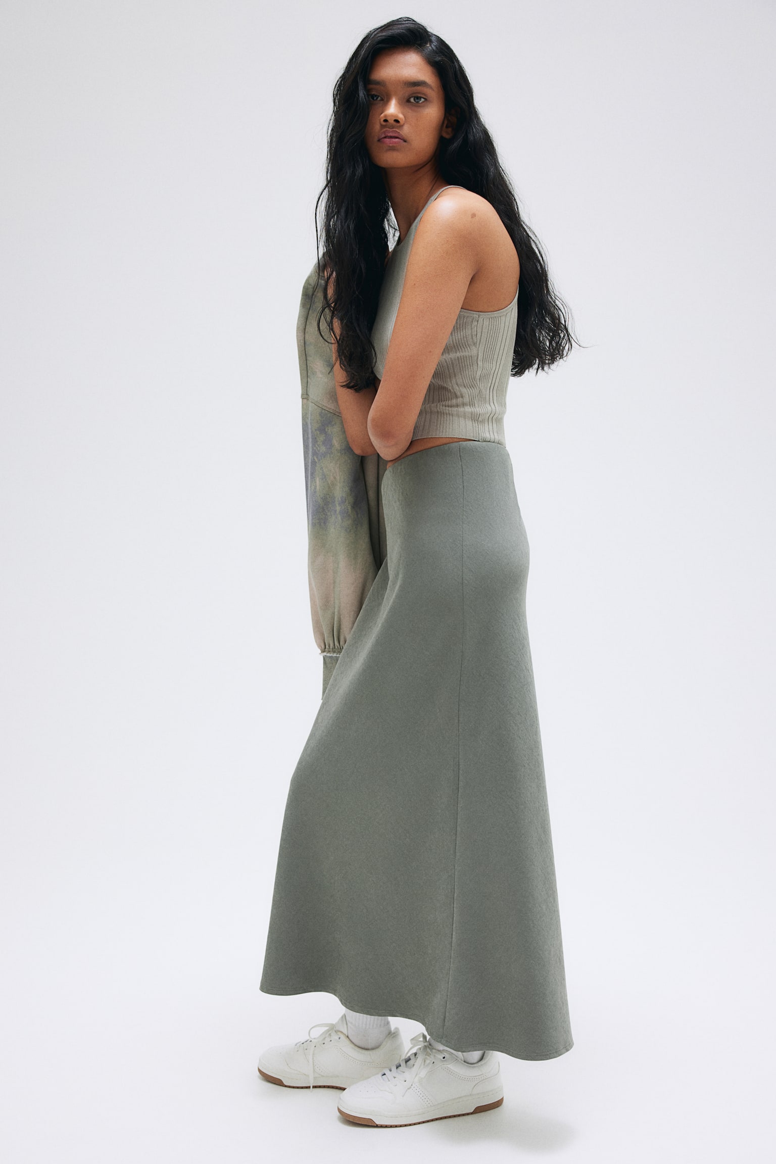 Satin Maxi Skirt - Khaki green/Black - 4