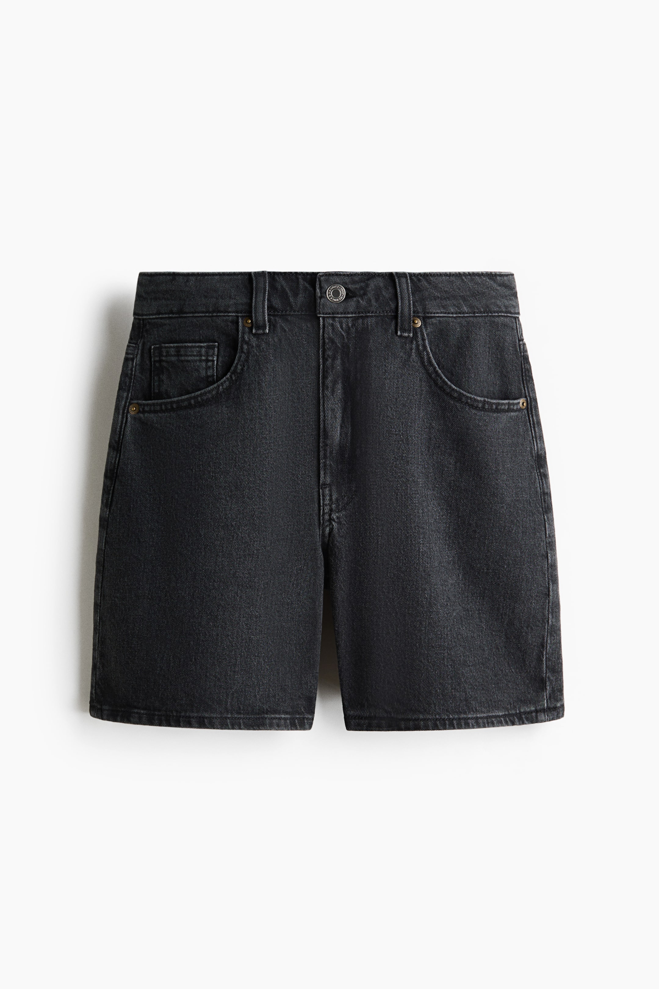 View larger image: The mid-length shorts are displayed from the front, featuring black denim with a faded wash, a high waist, and a visible button closure above a zip fly. They showcase two front pockets, a coin pocket, and belt loops.