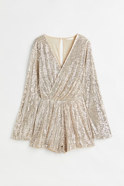 Sequined playsuit - V-neck - Long sleeve - Silver-coloured/Sequins ...