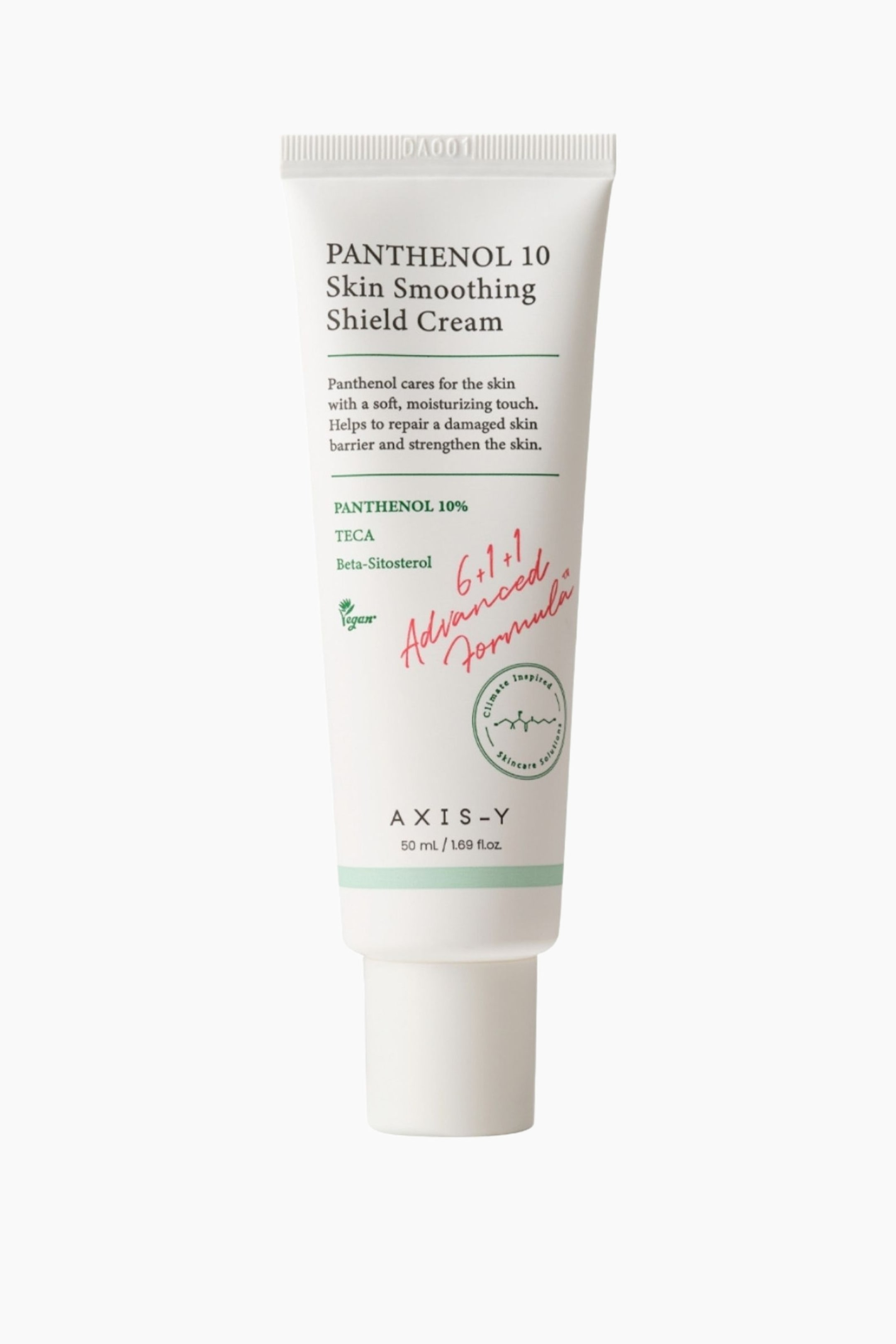 Visa större bild: En vit klämtub med Panthenol 10 Skin Smoothing Shield Cream står upprätt och vänd framåt. Tuben visar produktnamnet och beskrivande text i svart, med ”Advanced Formula” markerat i röd script, en grön ”vegan”-logotyp och ett vitt skruvlock i botten.