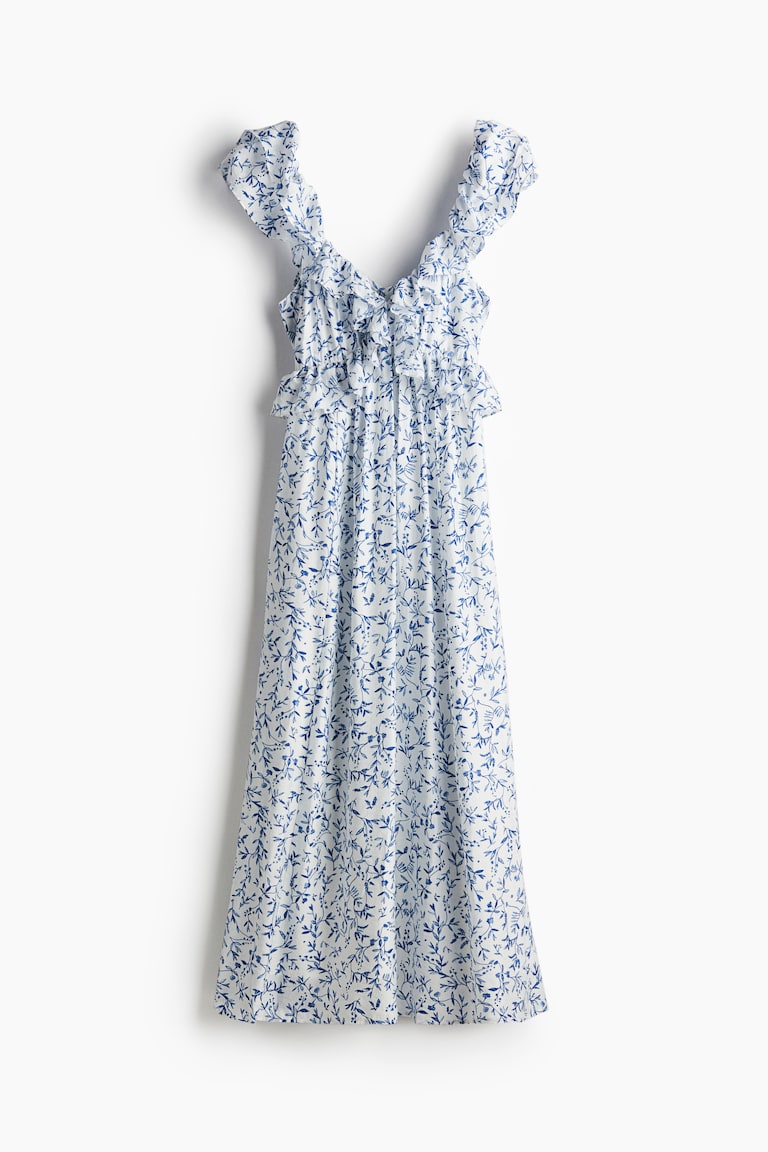 Women's White/Blue floral Frill-trimmed midi dress | H&M