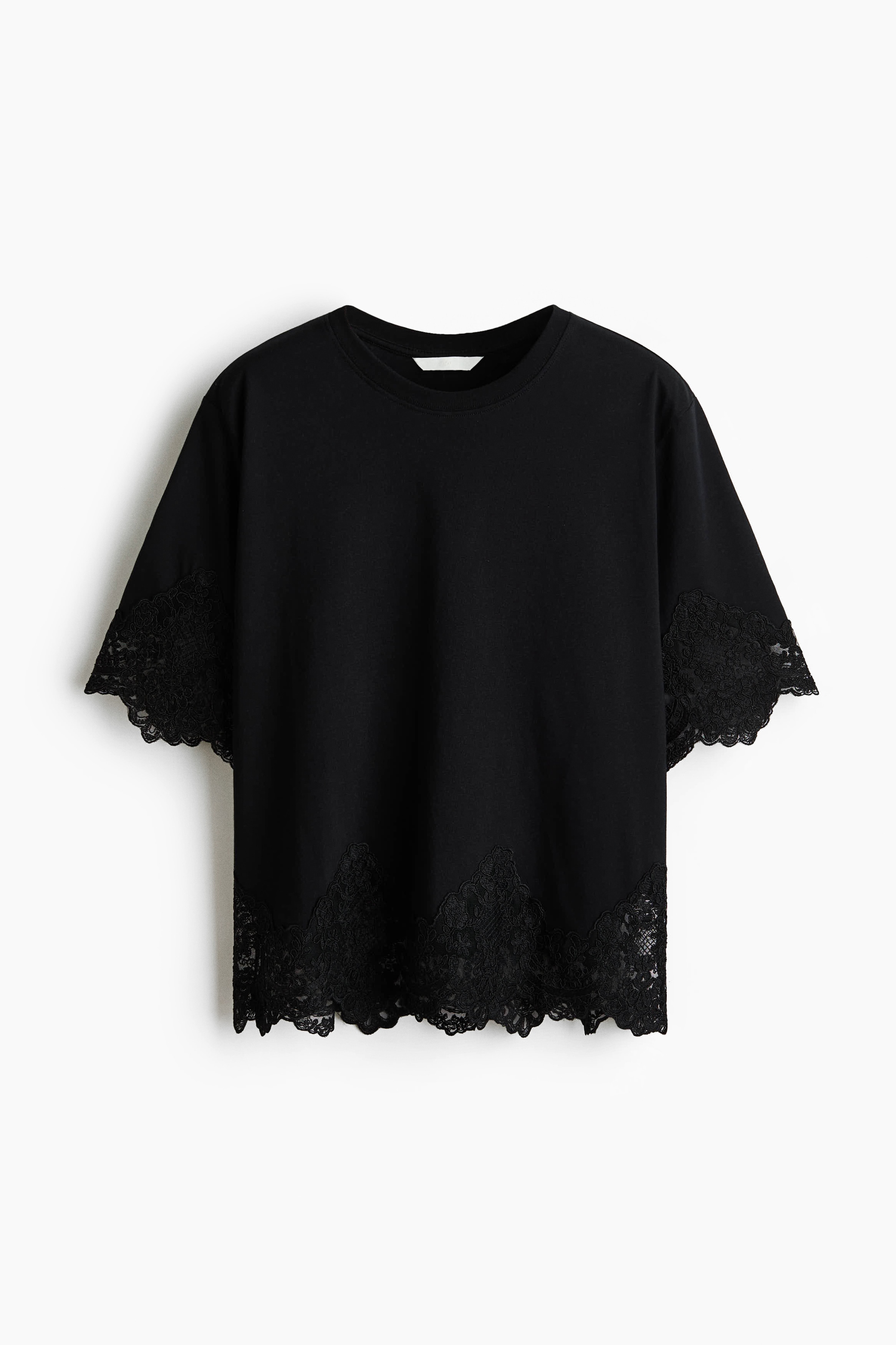 Katoenen T-shirt met kanten bies - Zwart/Bordeauxrood/Wit/roomwit