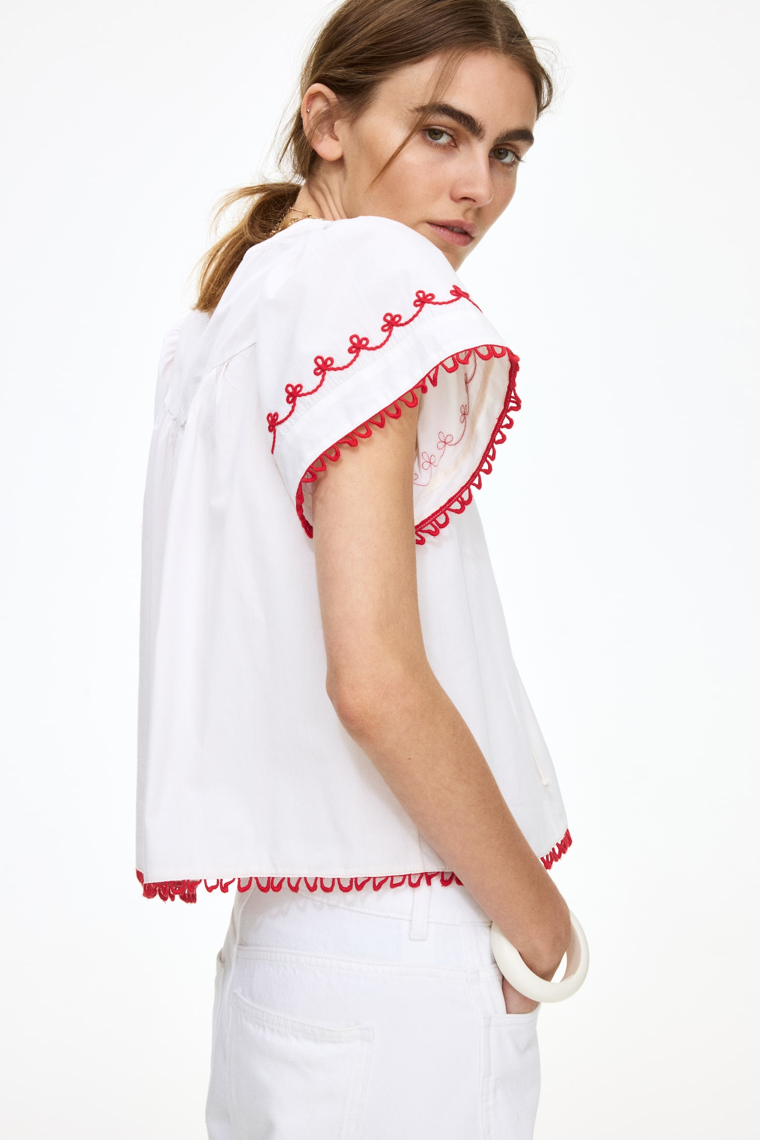 Embroidered cotton blouse - White/Red - 1