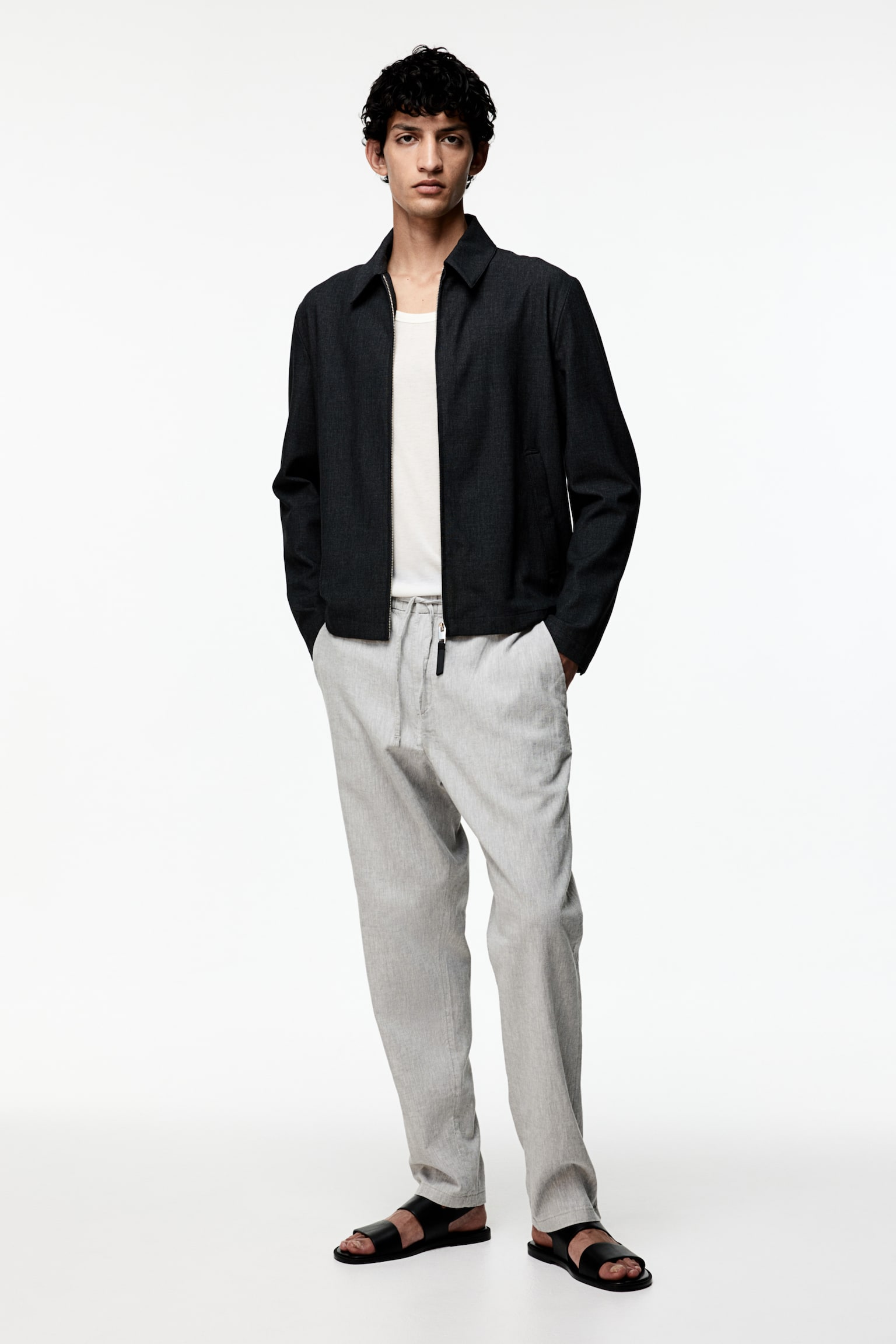 Regular Fit Linen-blend trousers - Grey/White/White marl/Black - 1