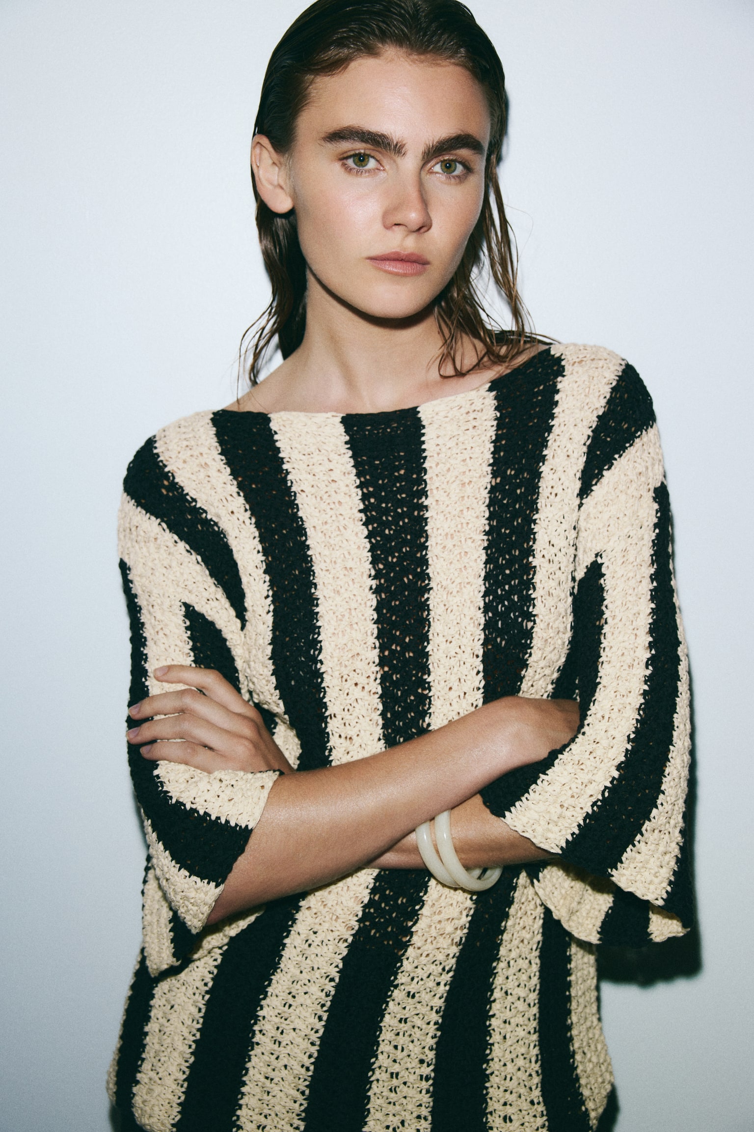 Knitted boat-neck top - Cream/Black striped - 1