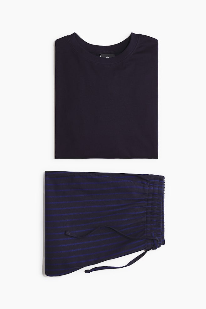 Cotton pyjama top and bottoms - Navy blue/Striped/White/Checked/Black/Beige checked - 1