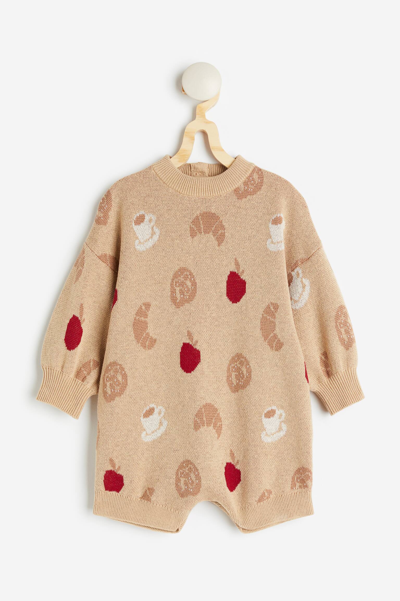 Jacquard Knit Romper - Beige/Croissants - 1