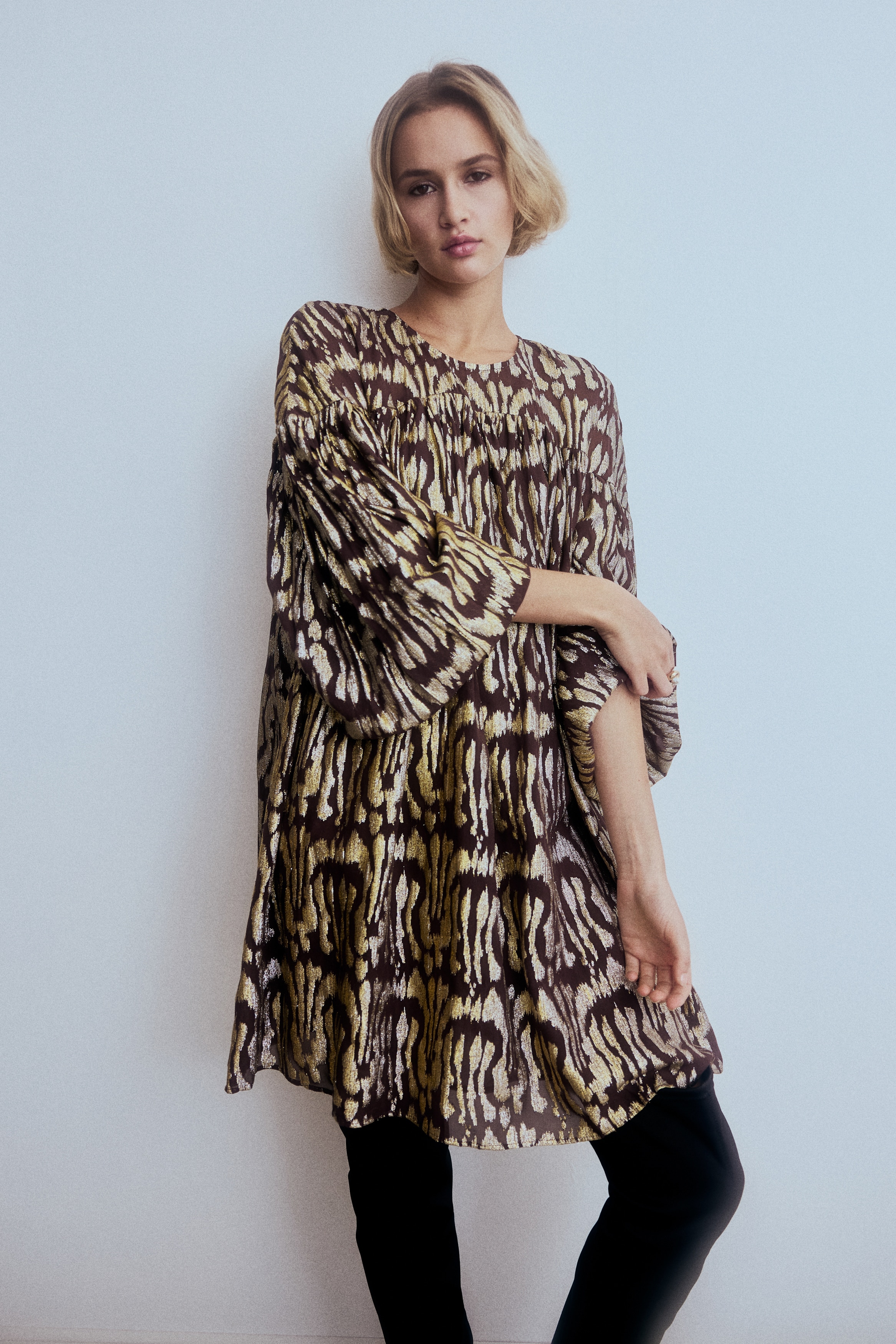 Jakardikankainen oversize-mekko - Tummanruskea/Kuviollinen