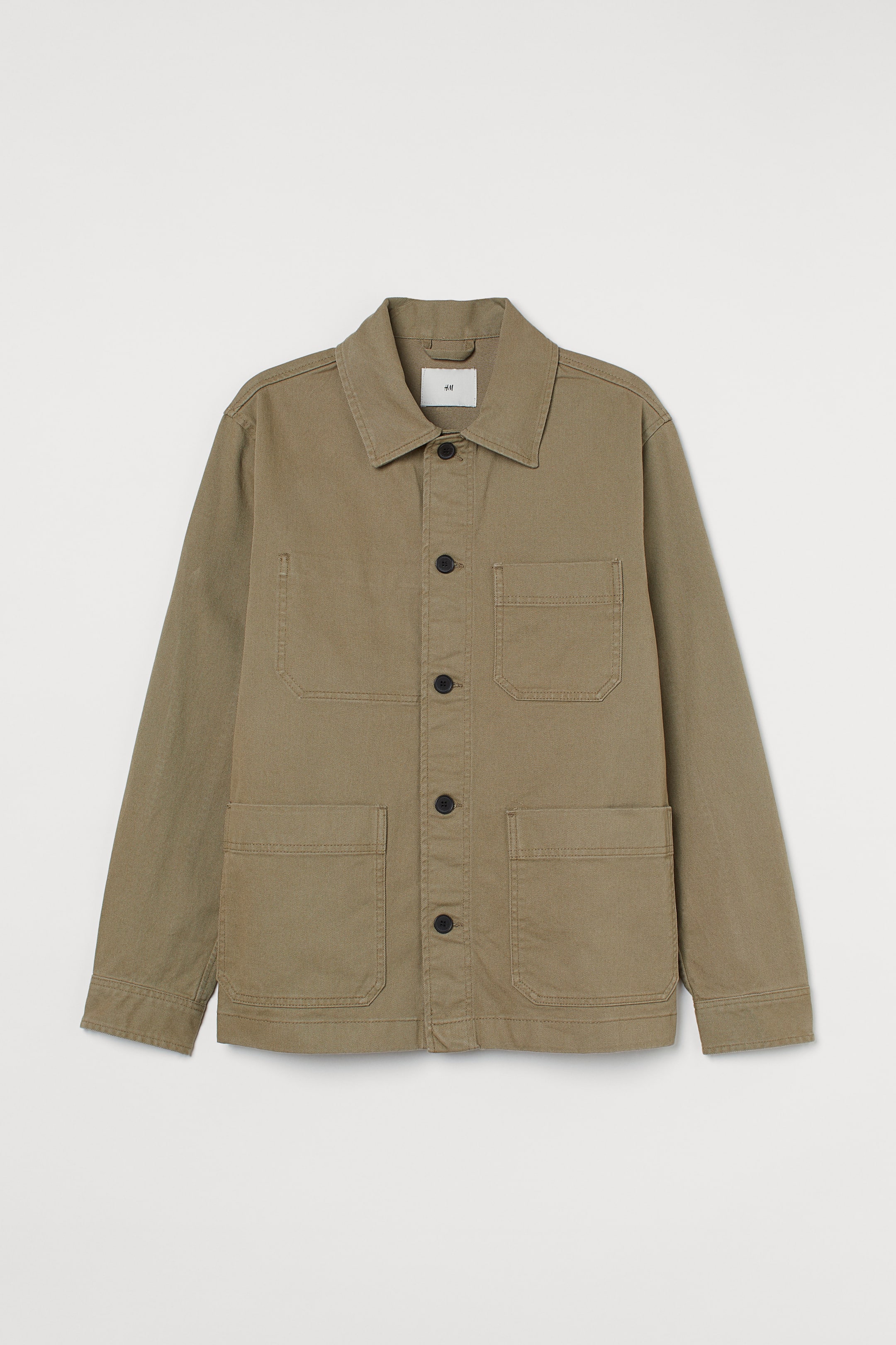 Cotton twill overshirt - Long sleeve - Regular length - Khaki green ...