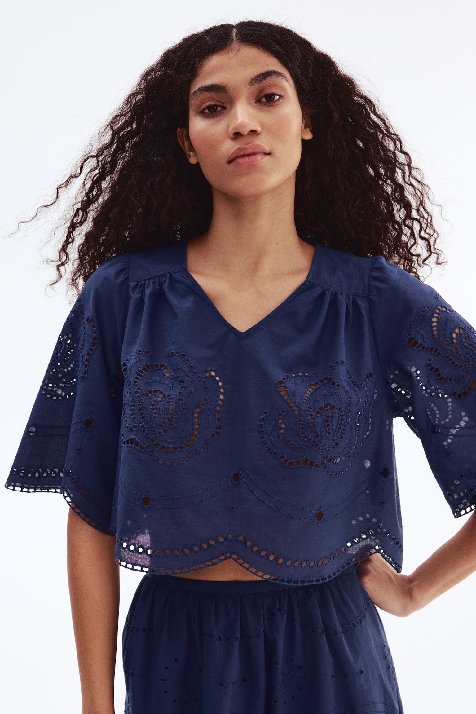 Broderie anglaise cotton blouse - Dark blue - 5