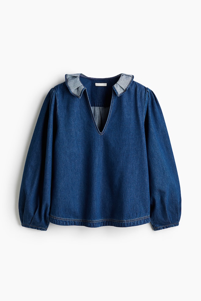 Blouse à col volanté en denim - Bleu denim - 1