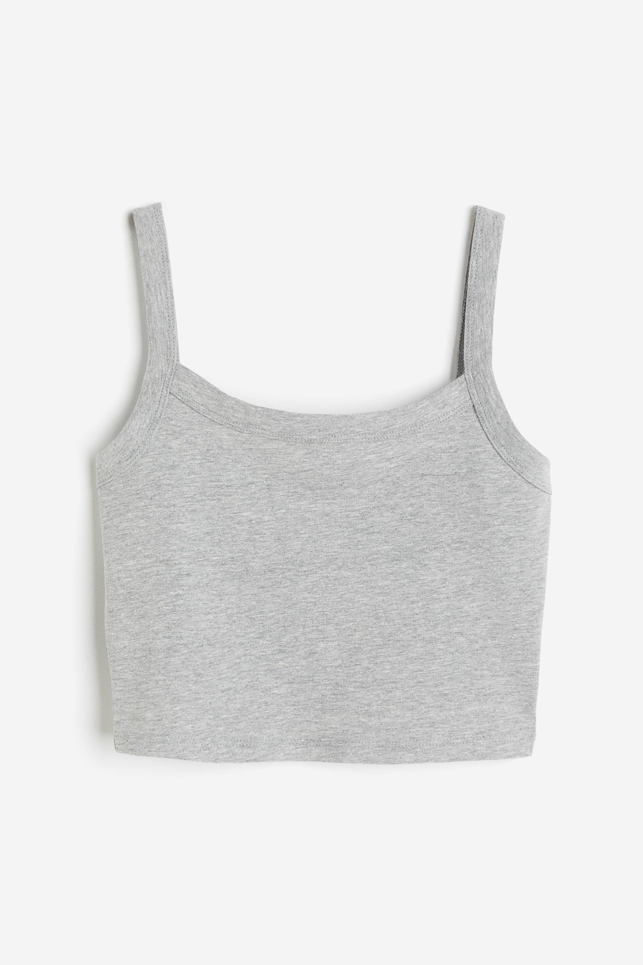 Cropped strappy top - Square neckline - Sleeveless - Light grey marl ...