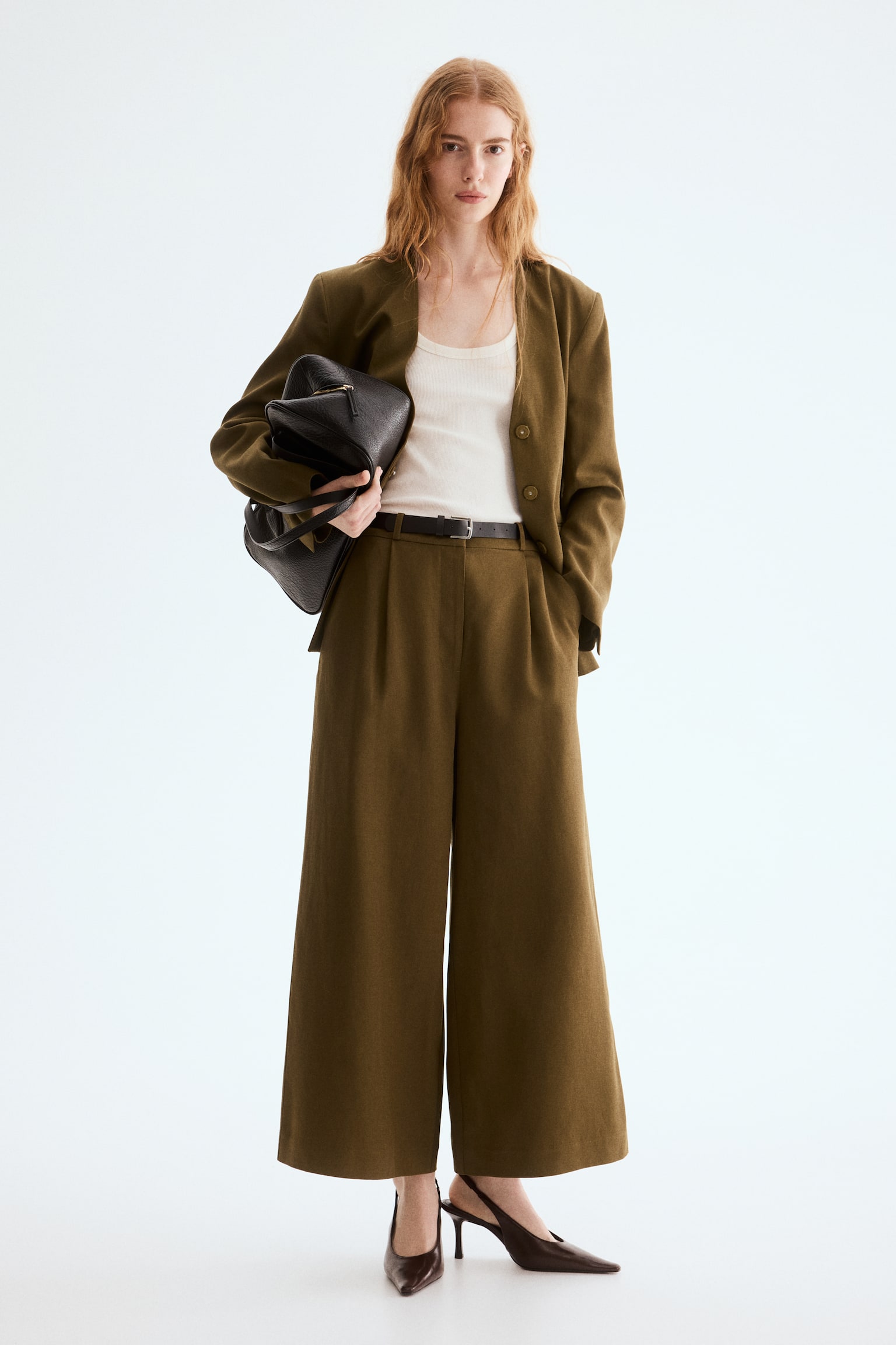 Pantaloni ampi in misto lino con cintura - Verde kaki scuro - 2