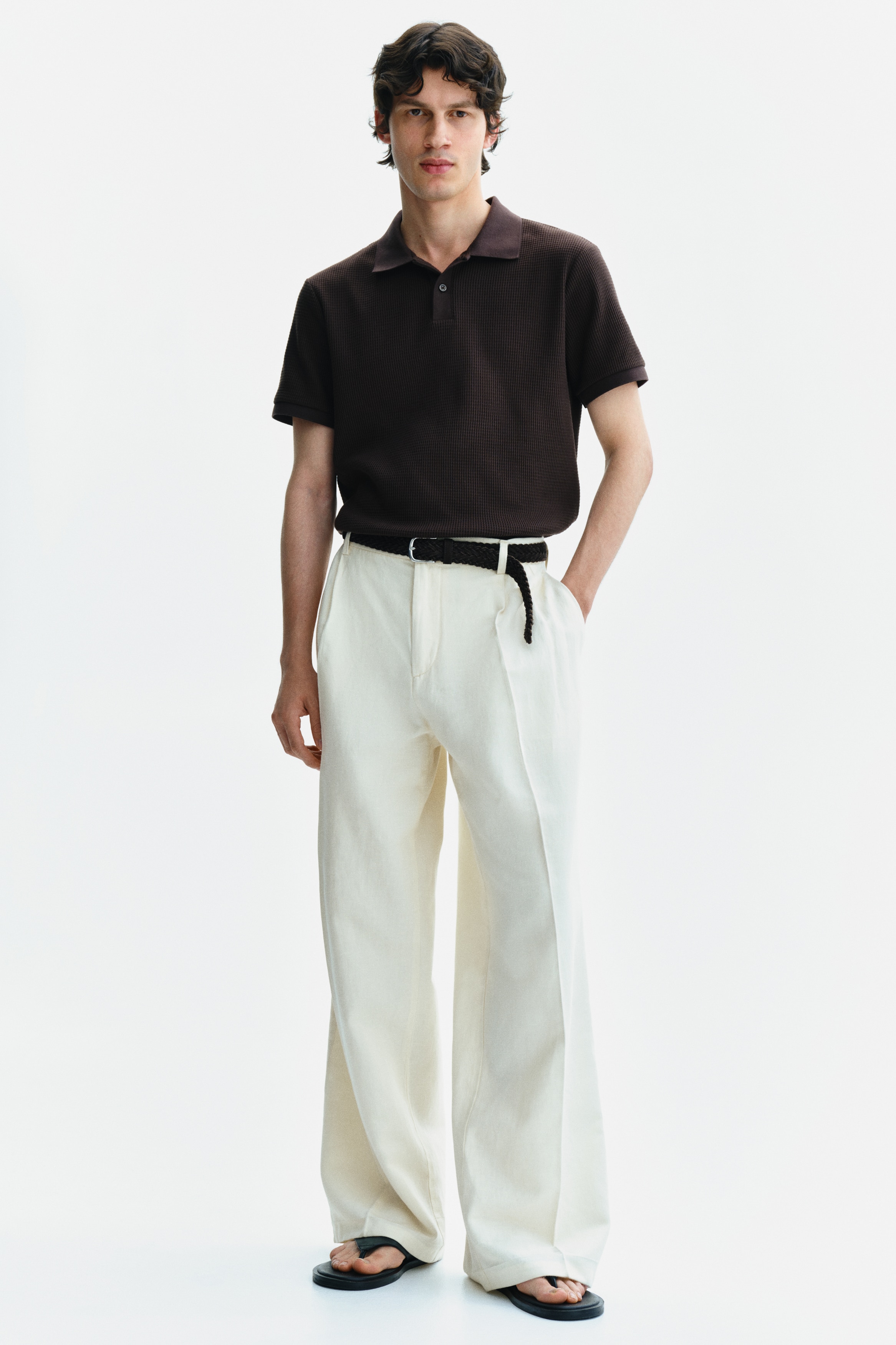 Polo majica vafl tkanja Slim Fit - Tamnosmeđa/Krem/Crna/Tamna sivosmeđa