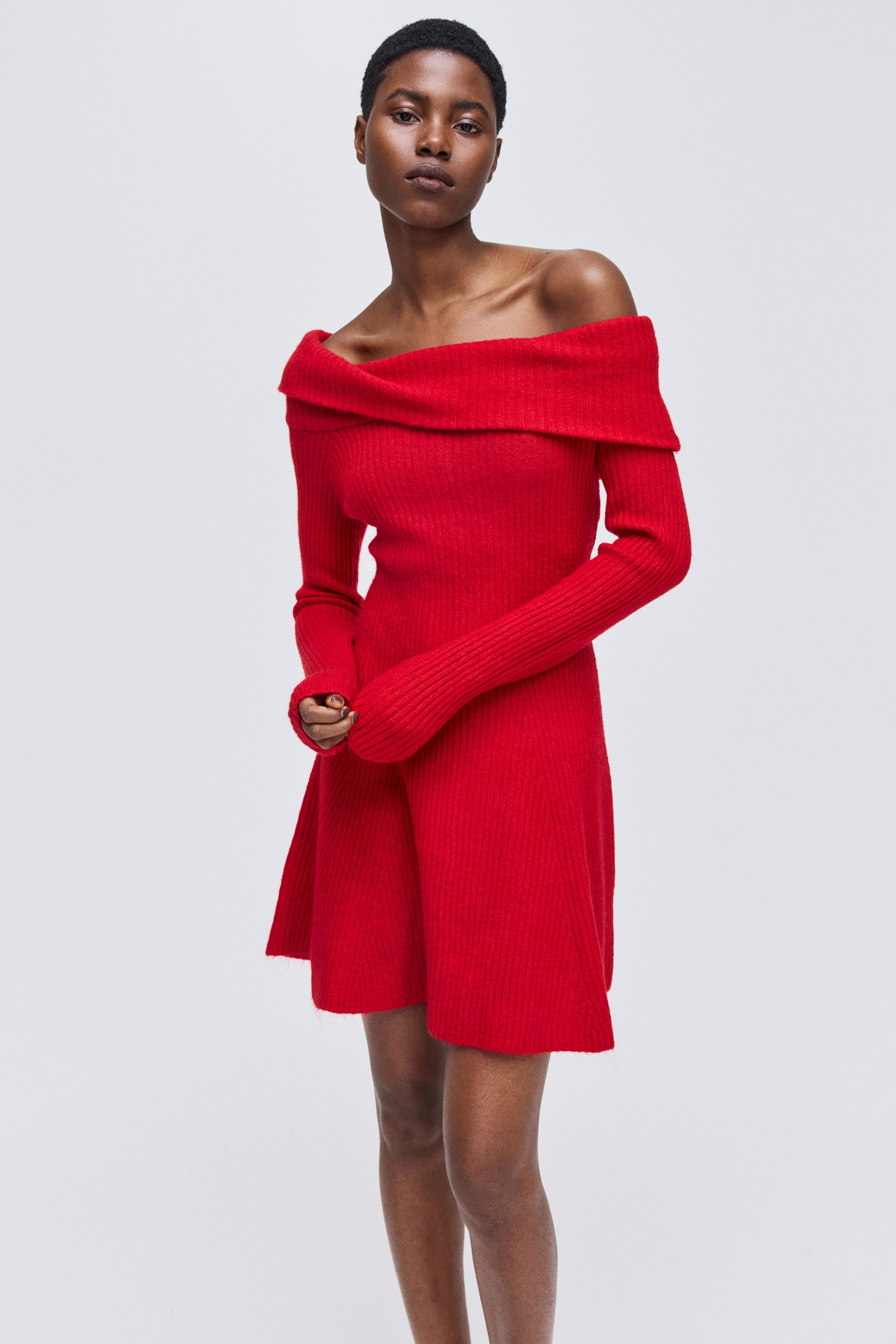 Ver imagen más grande: Vestido off-the-shoulder en punto de canalé - Rojo - MUJER | H&M ES 1