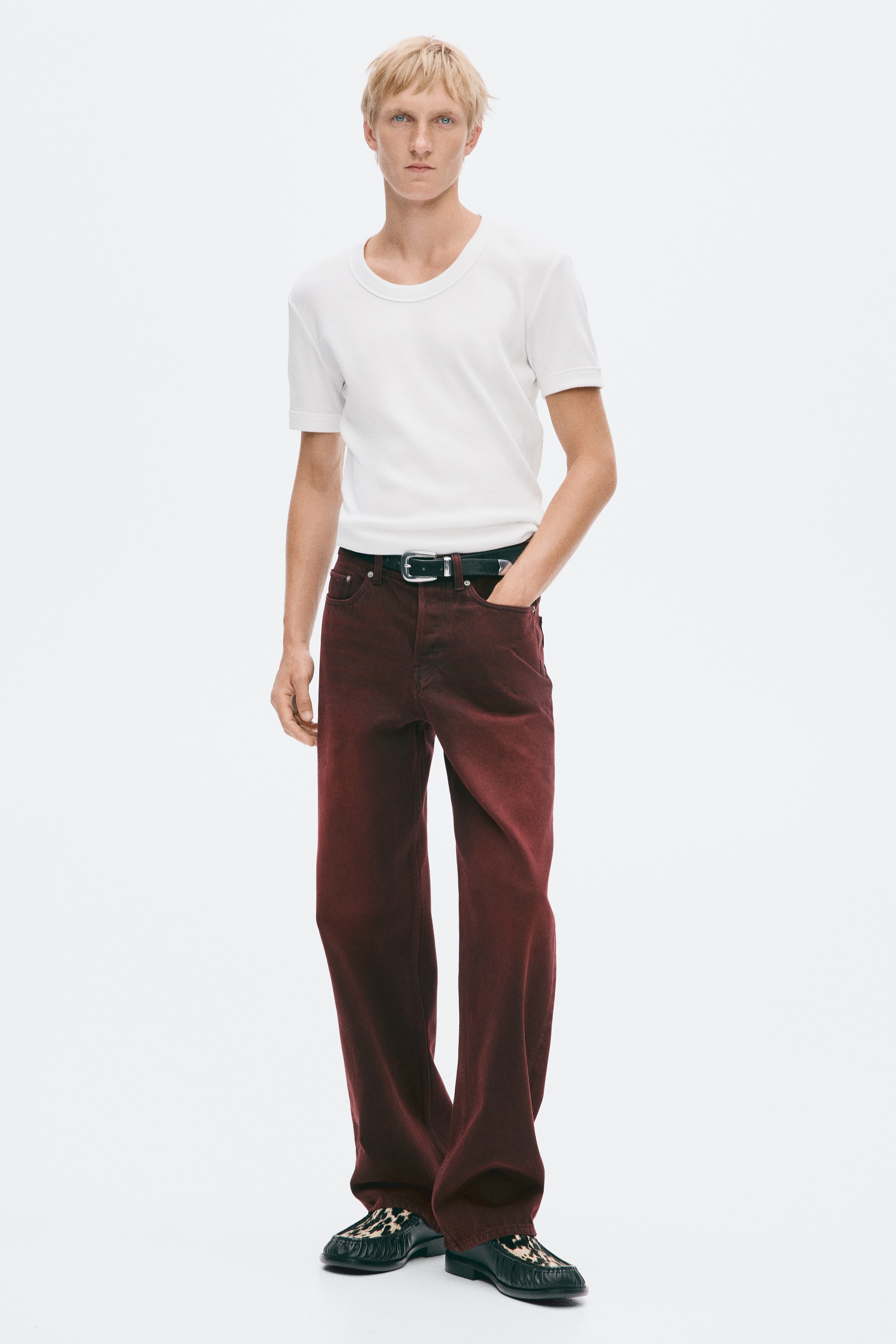 Pamučna majica vafl tkanja Slim Fit - Bela/Crna
