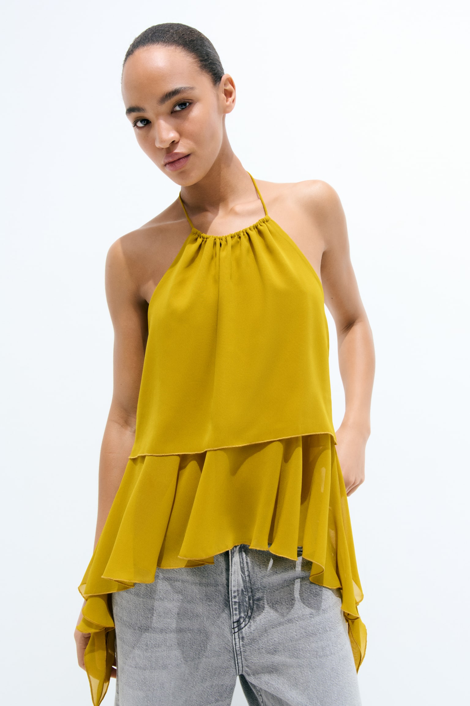 Draped-panel halterneck top - Mustard yellow/Dark khaki green/Leopard print - 1