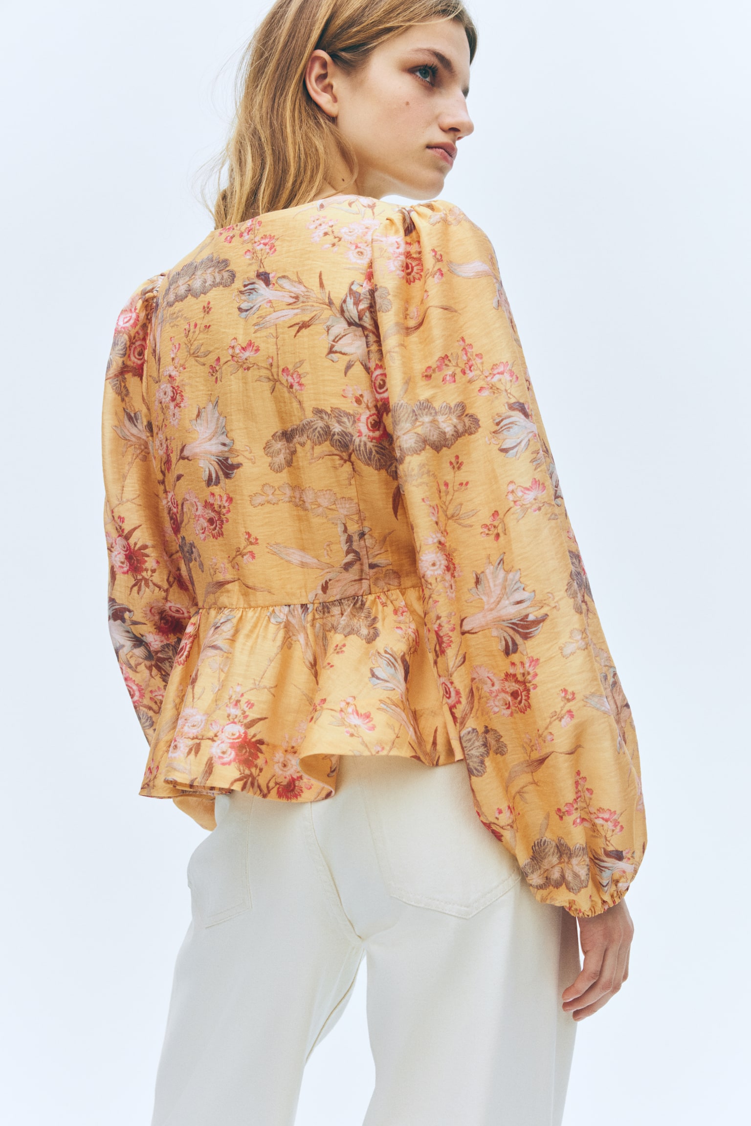 Linen-blend peplum blouse - Yellow/Floral/Black/Floral - 3