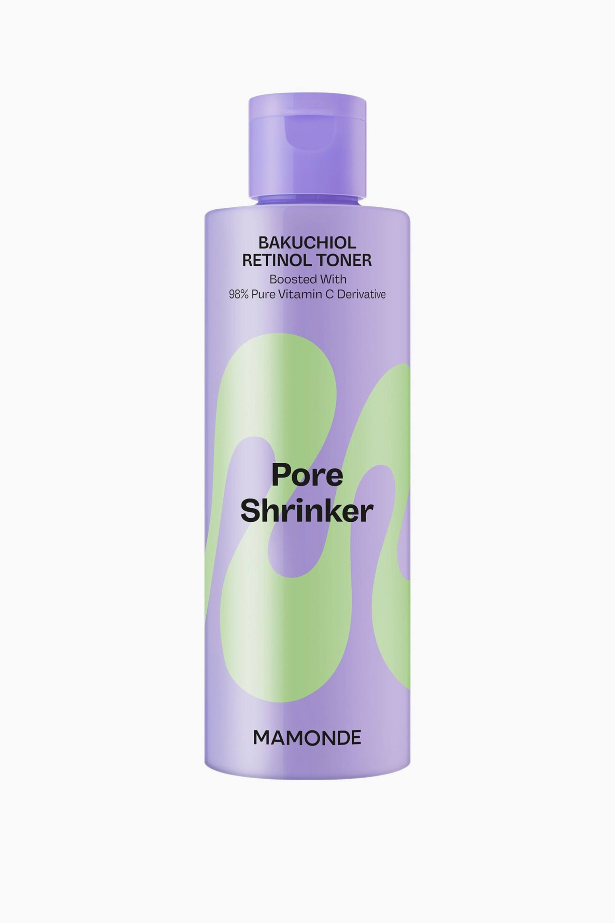 Visa större bild: En ljuslila cylindrisk flaska av Mamonde Bakuchiol Retinol Toner står upprätt och har ljusgröna abstrakta virvlar samt ett matchande flip-top-lock. Etiketten visar texten "Bakuchiol Retinol Toner" och "Pore Shrinker".