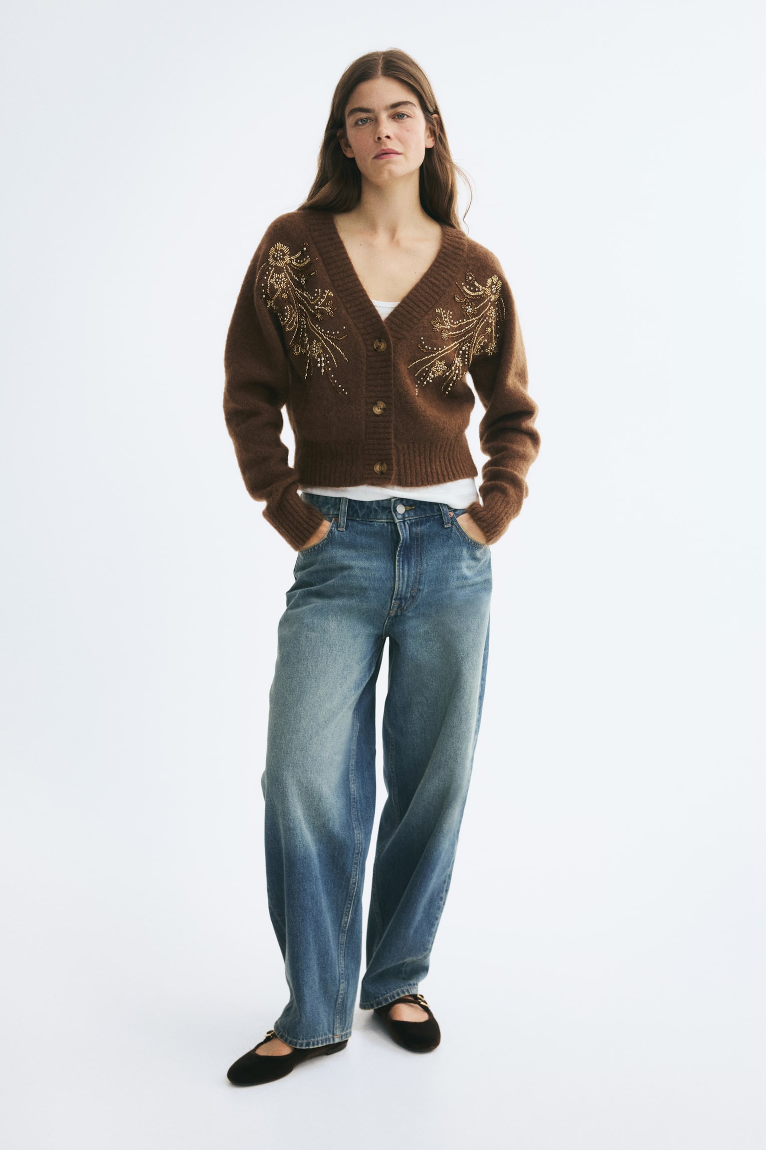 Женский кардиган H&M Beaded Mohair-Blend, цвет: Тёмный коричневый — фото 3
