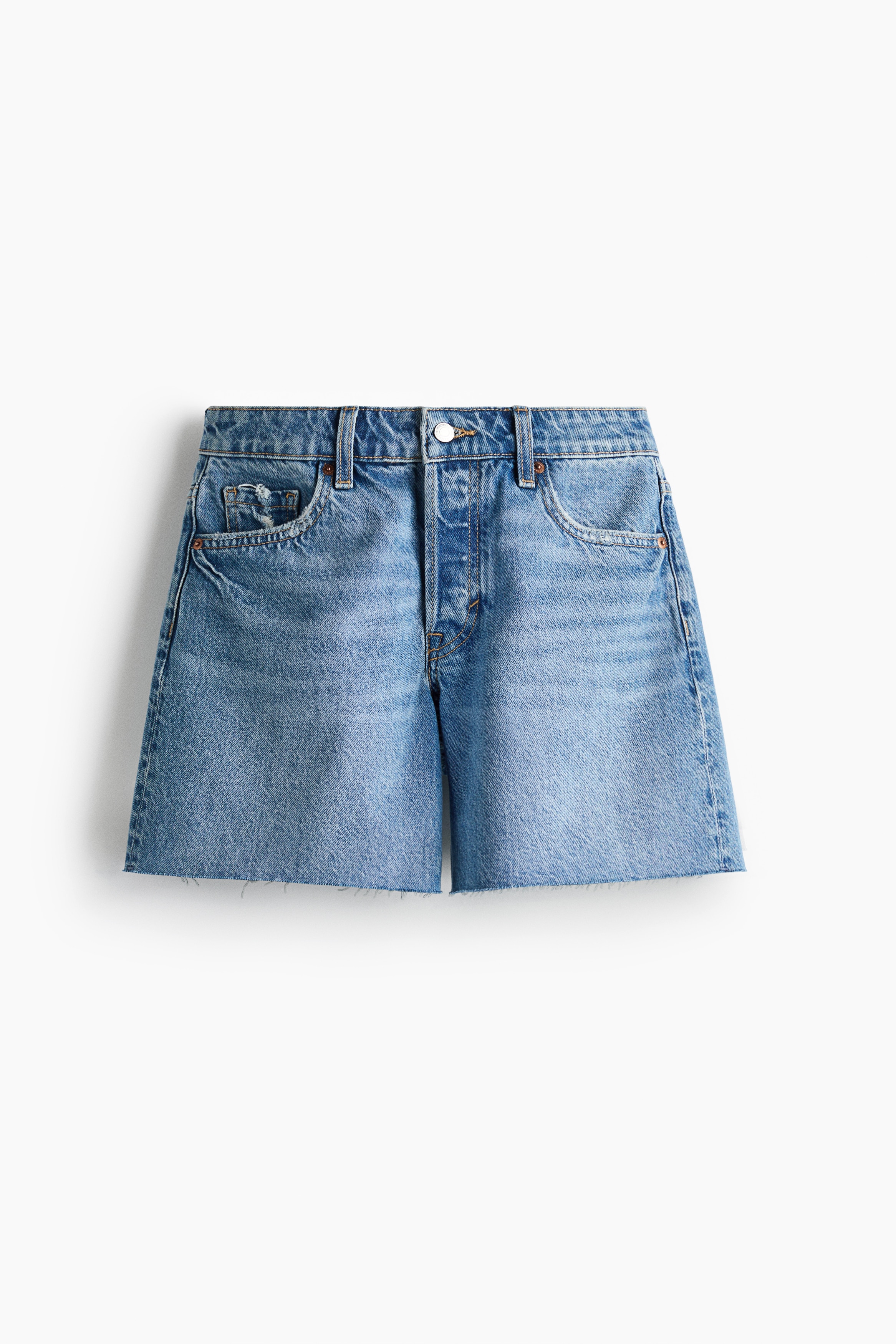 Quần short denim viền thô - Màu xanh denim nhạt/Màu nâu đậm/Màu xanh denim nhạt