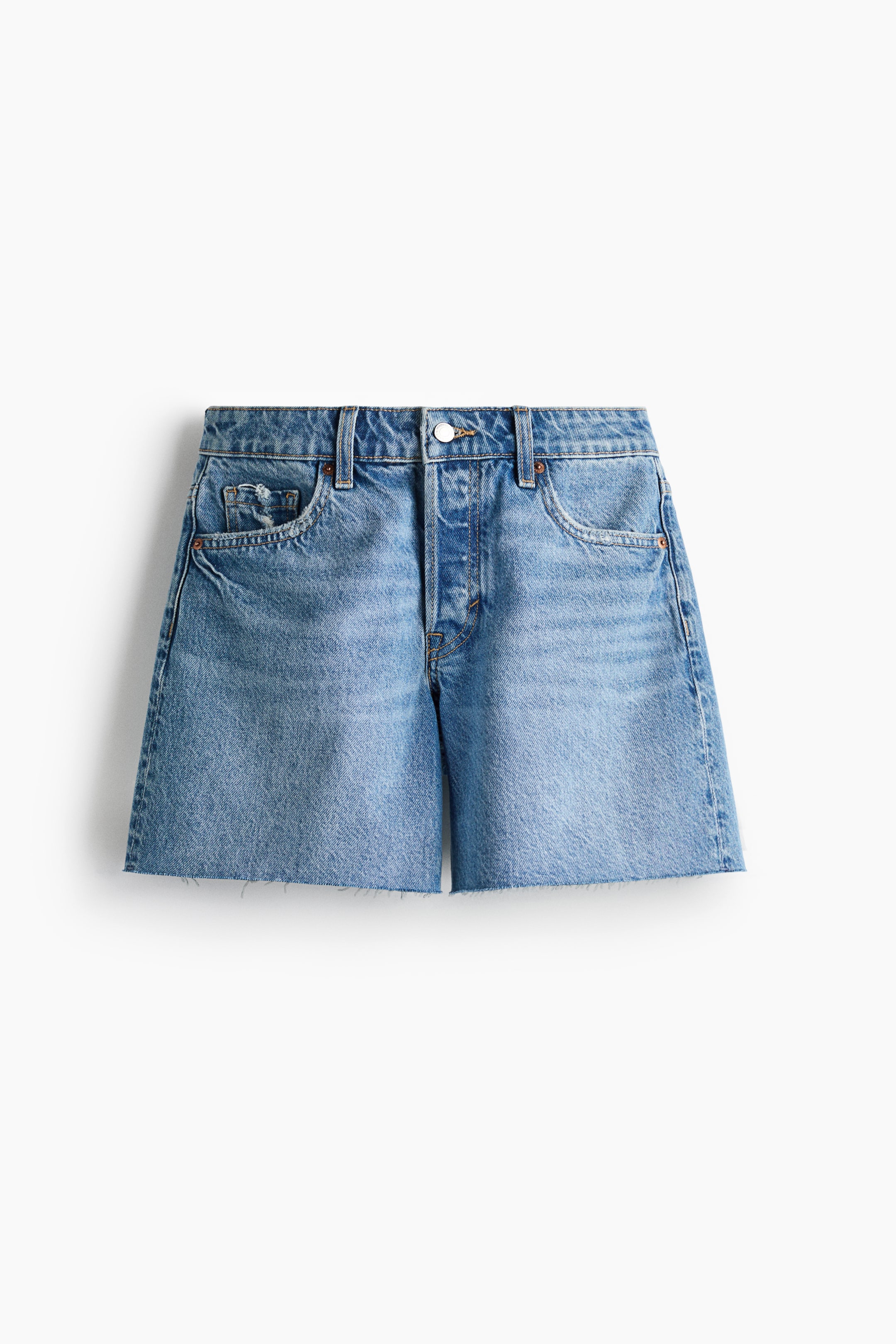 View larger image: Denim shorts are shown from a front view, displaying a light blue wash with subtle distressing near the pockets. They feature a high waist with belt loops, a button fly fastening with a silver-toned button, two curved front pockets, a coin pocket, and frayed raw hems.