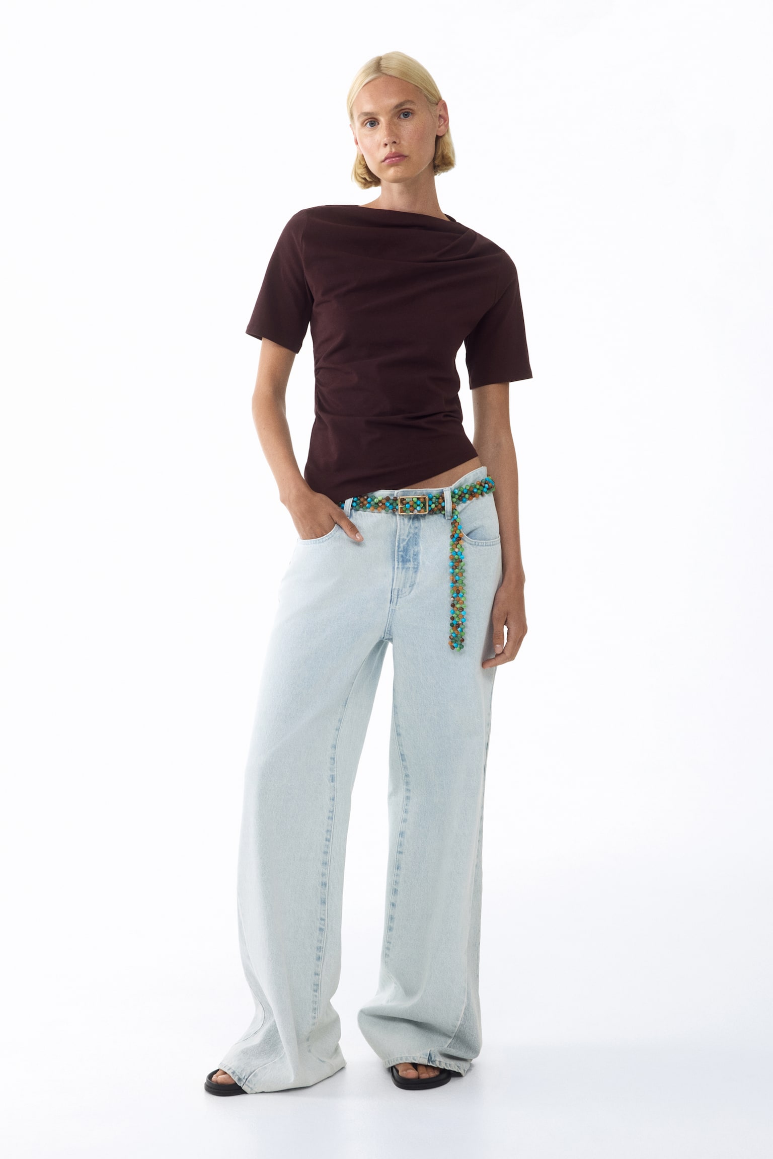 Draped Asymmetric Top - Dark brown/Cream/Dark blue - 1