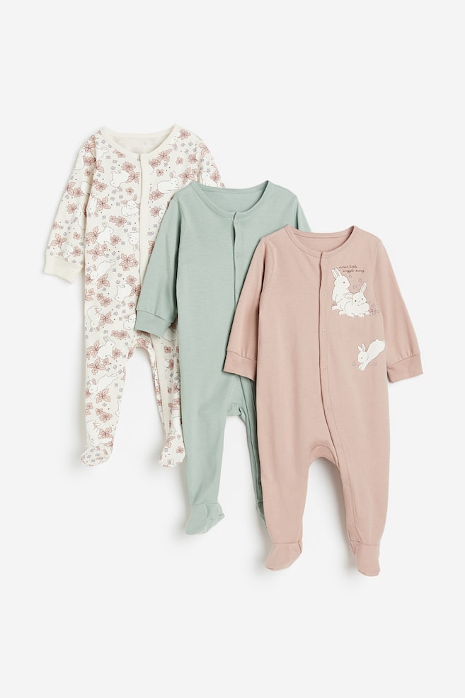 Lot de 3 pyjamas en coton - Rose ancien/lapins/Beige clair/chiens/Turquoise clair/dinosaures - 1