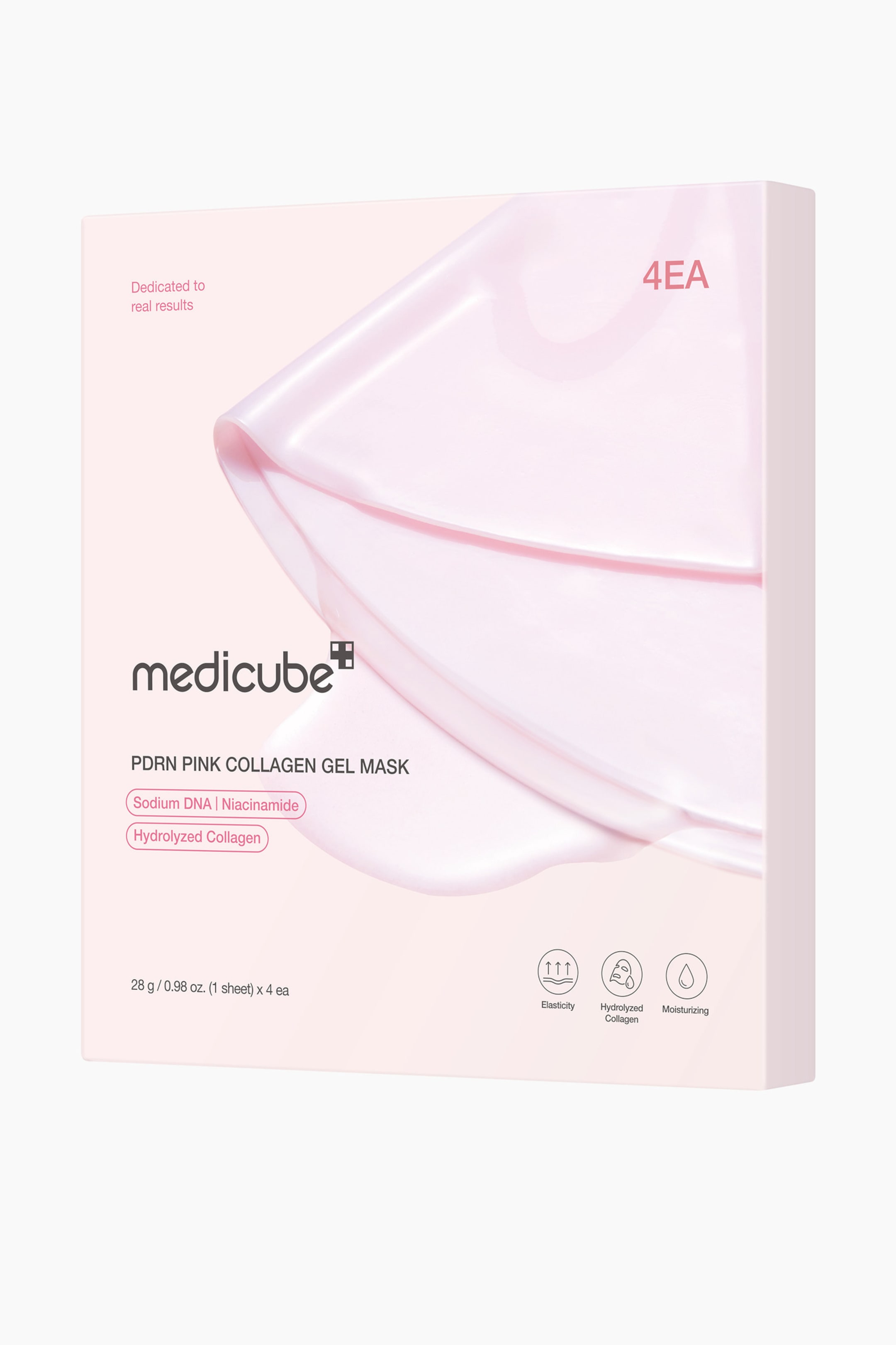 Visa större bild: En ljusrosa rektangulär låda med Medicube PDRN Pink Collagen Gel Mask är något vinklad åt höger. Framsidan har en glansig, vågig rosa design, varumärket "medicube" och text som beskriver ingredienser som "Sodium DNA | Niacinamide" och "Hydrolyzed Collagen", tillsammans med "4EA" som anger kvantitet.
